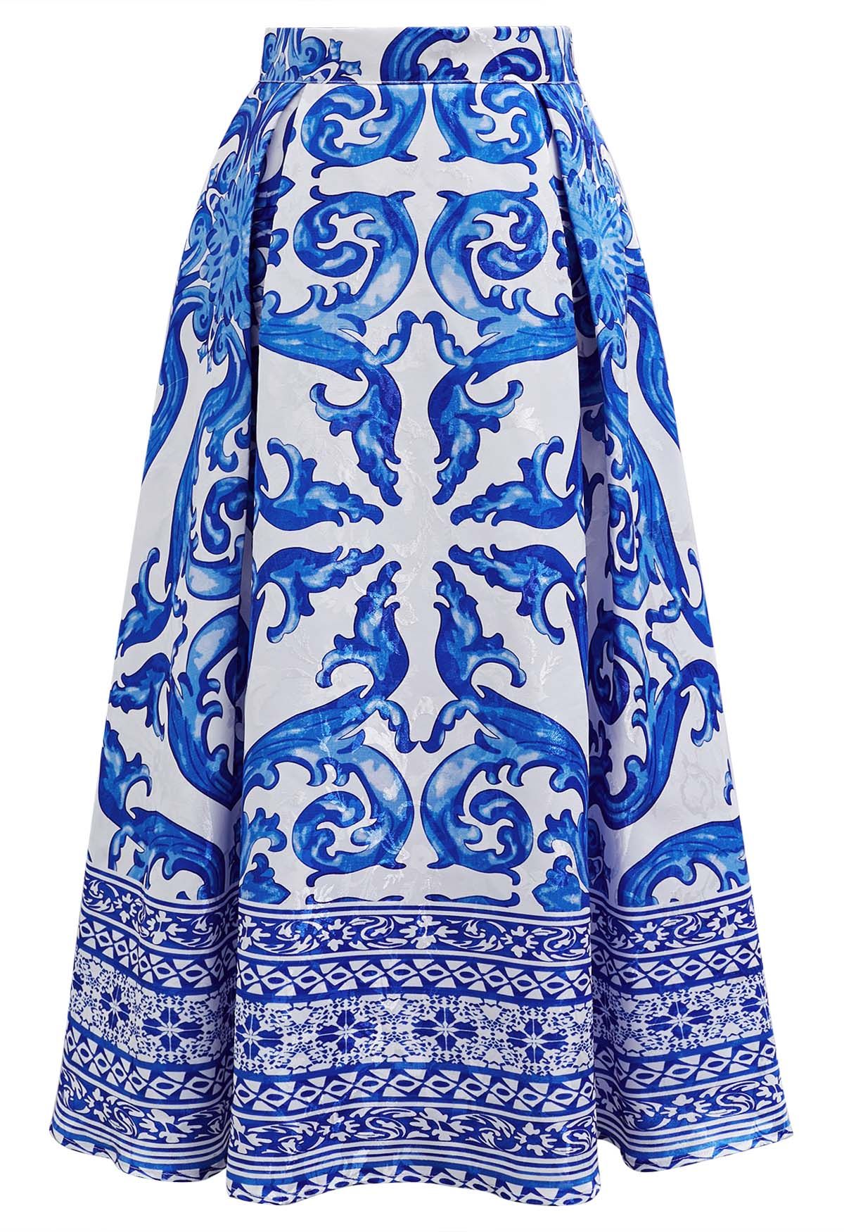 Blue Tile Jacquard Pleated A-Line Midi Skirt