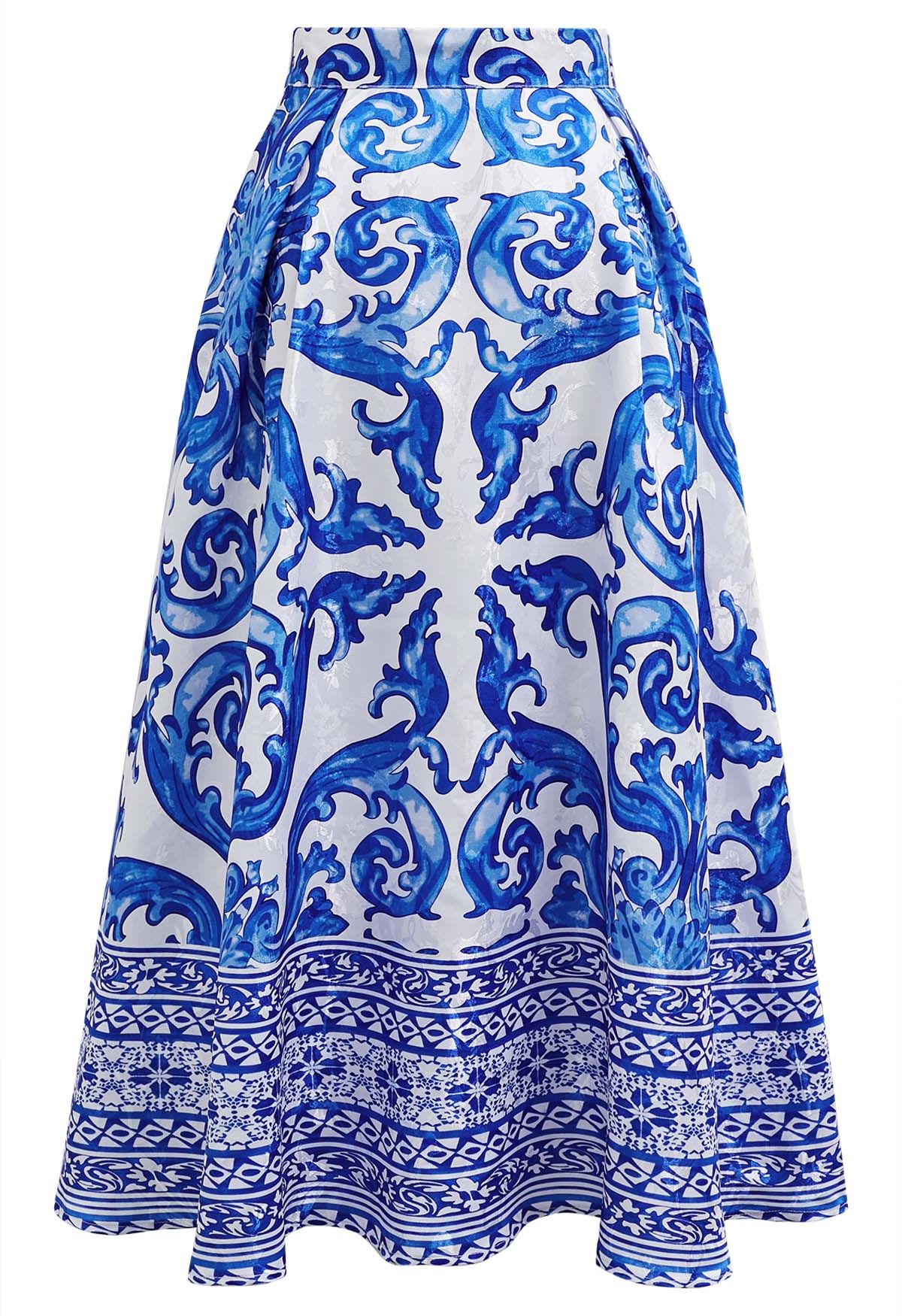 Blue Tile Jacquard Pleated A-Line Midi Skirt