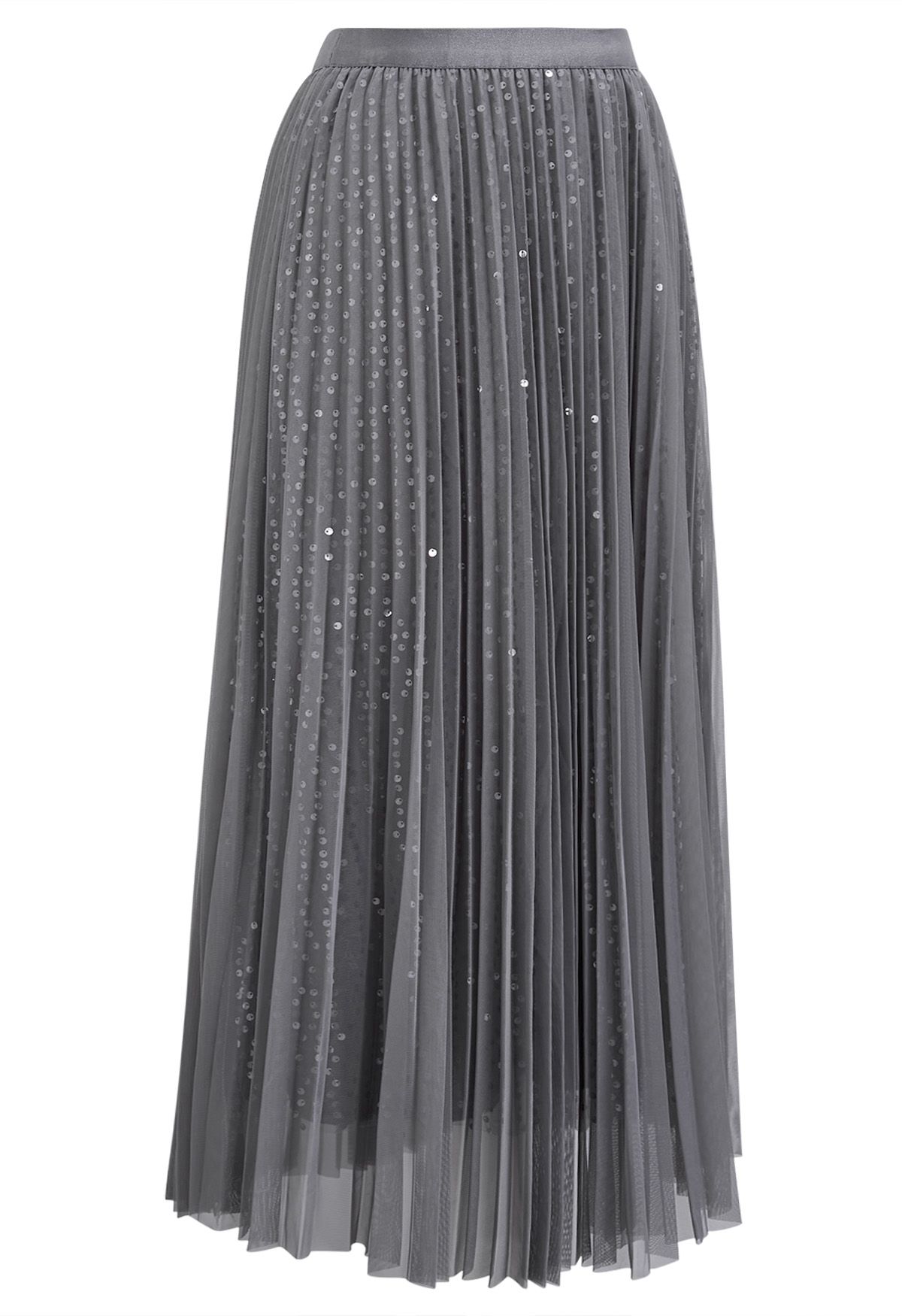 Glister Sequin Trim Mesh Tulle Maxi Skirt in Grey