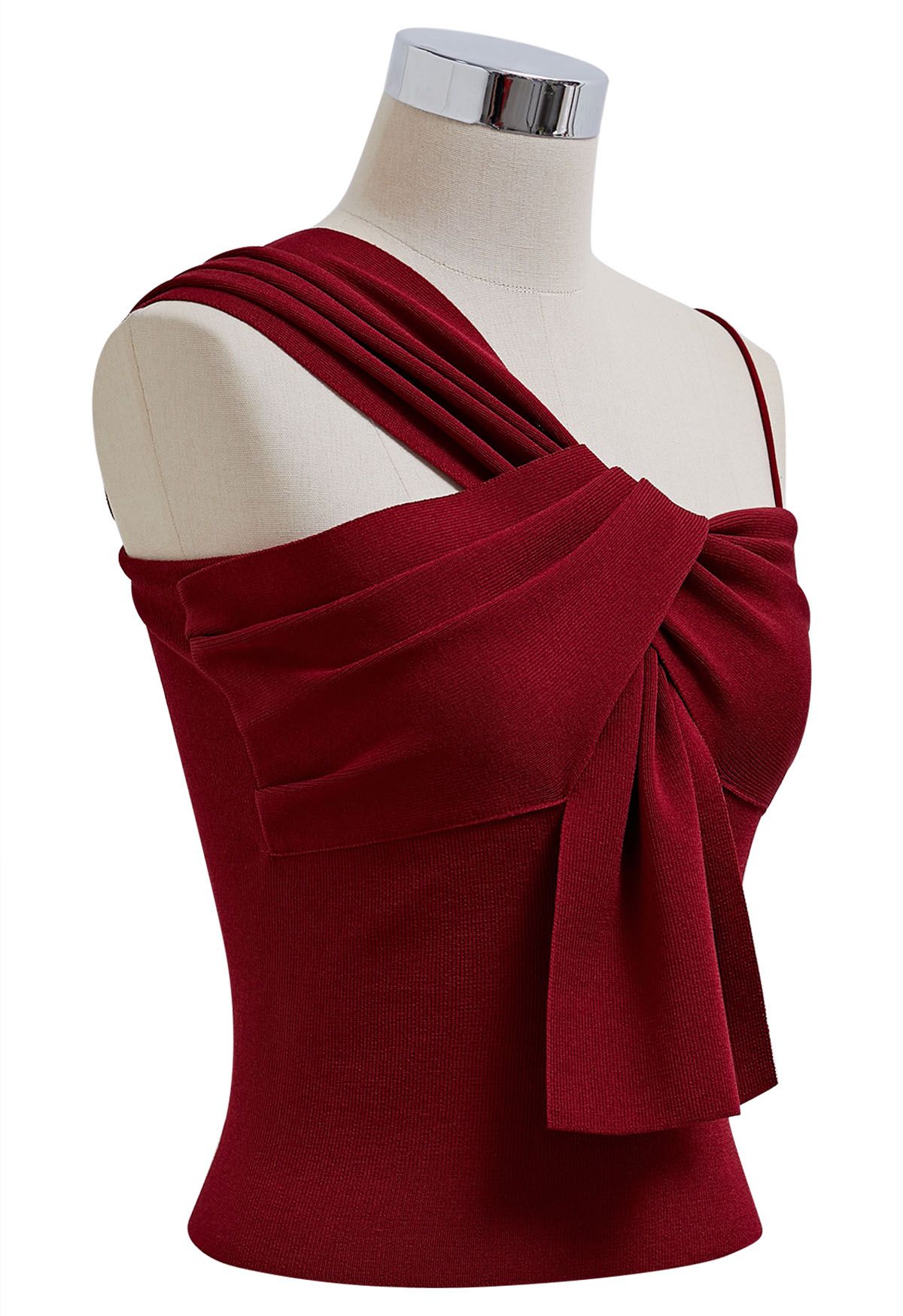 Knotted Front Asymmetric Straps Crop Knit Top in Red