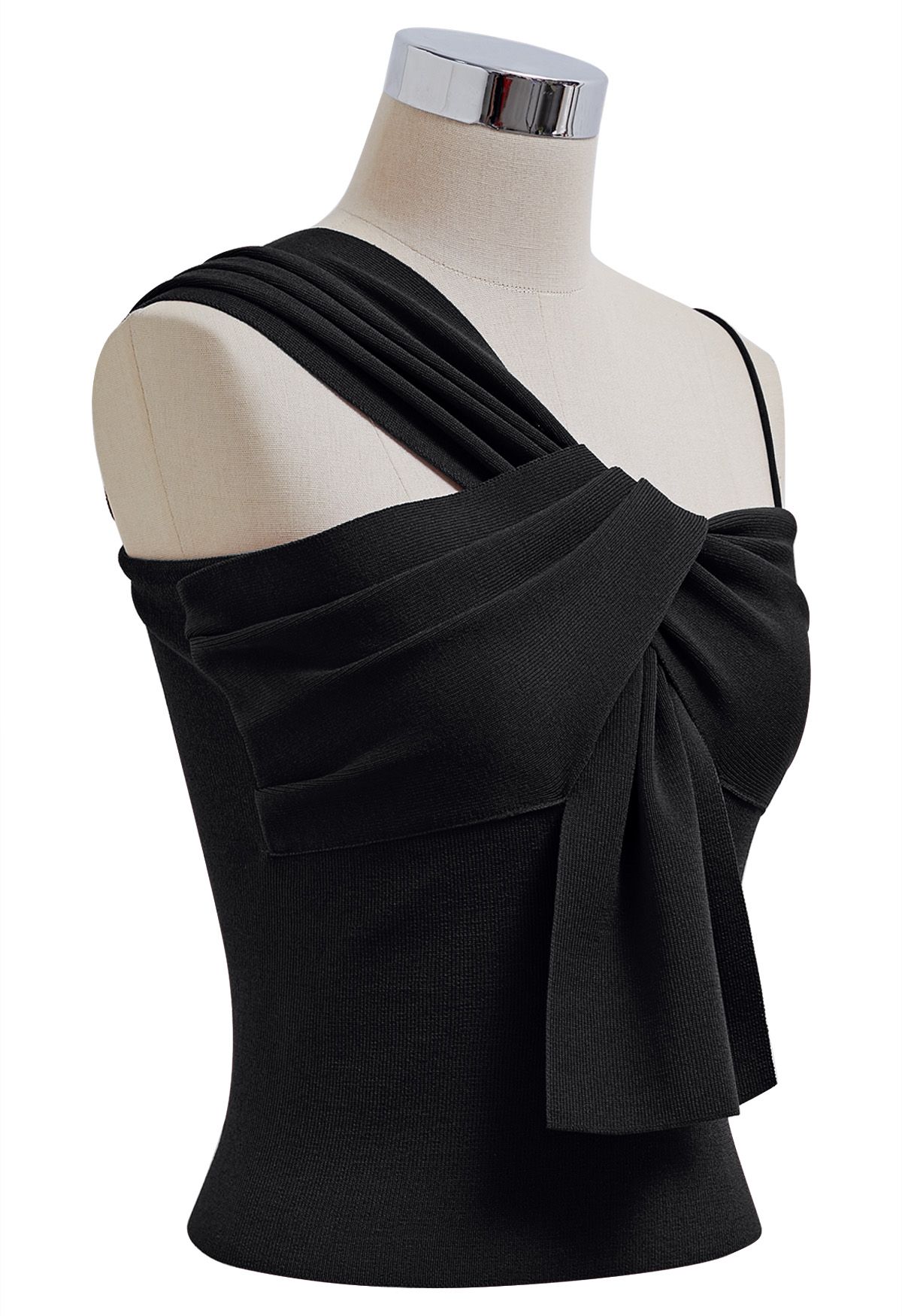 Knotted Front Asymmetric Straps Crop Knit Top in Black