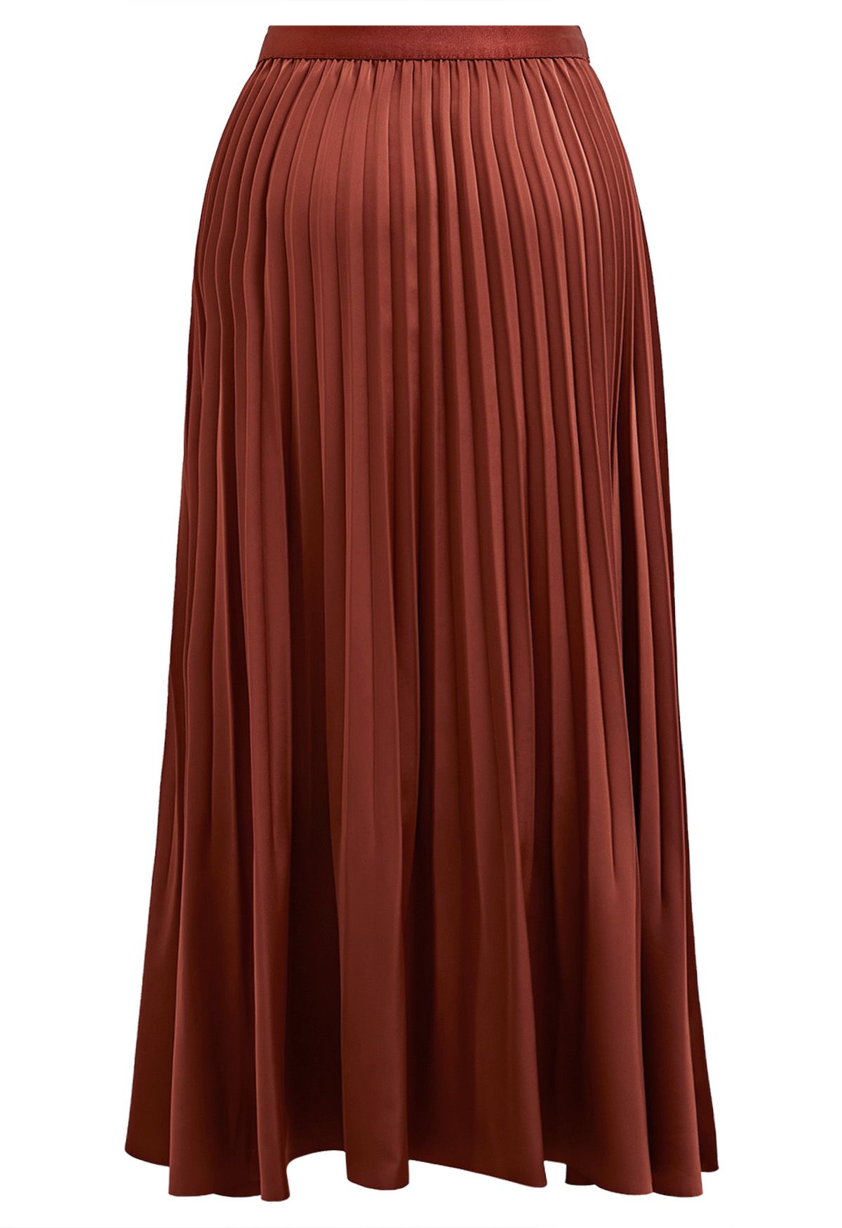 Smooth Satin Pleated Midi Skirt in Rust Red