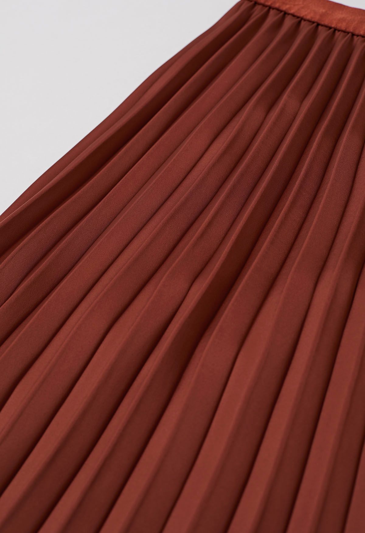 Smooth Satin Pleated Midi Skirt in Rust Red