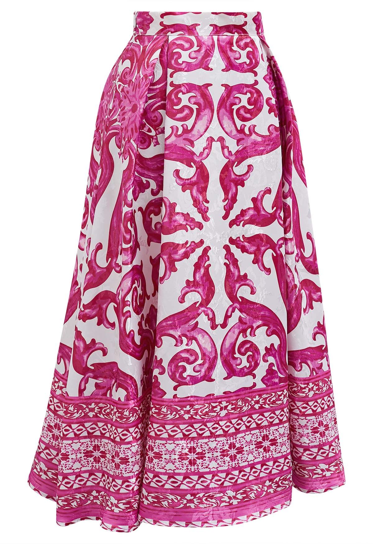 Pink Tile Jacquard Pleated A-Line Midi Skirt