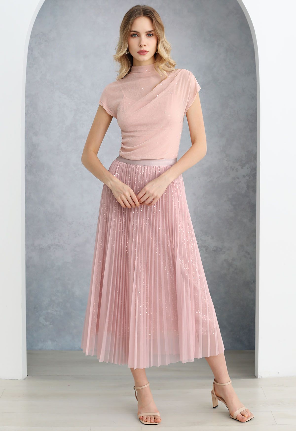 Glister Sequin Trim Mesh Tulle Maxi Skirt in Pink