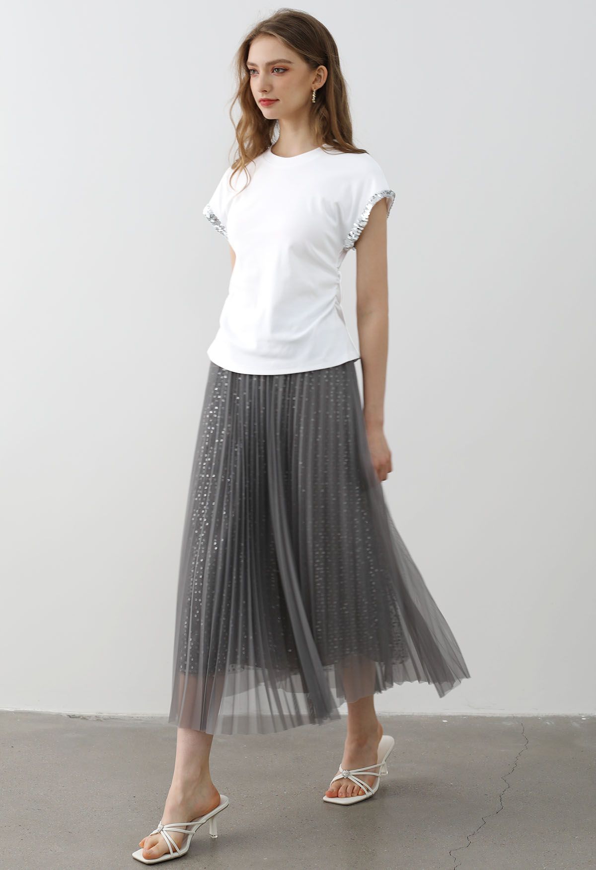 Glister Sequin Trim Mesh Tulle Maxi Skirt in Grey