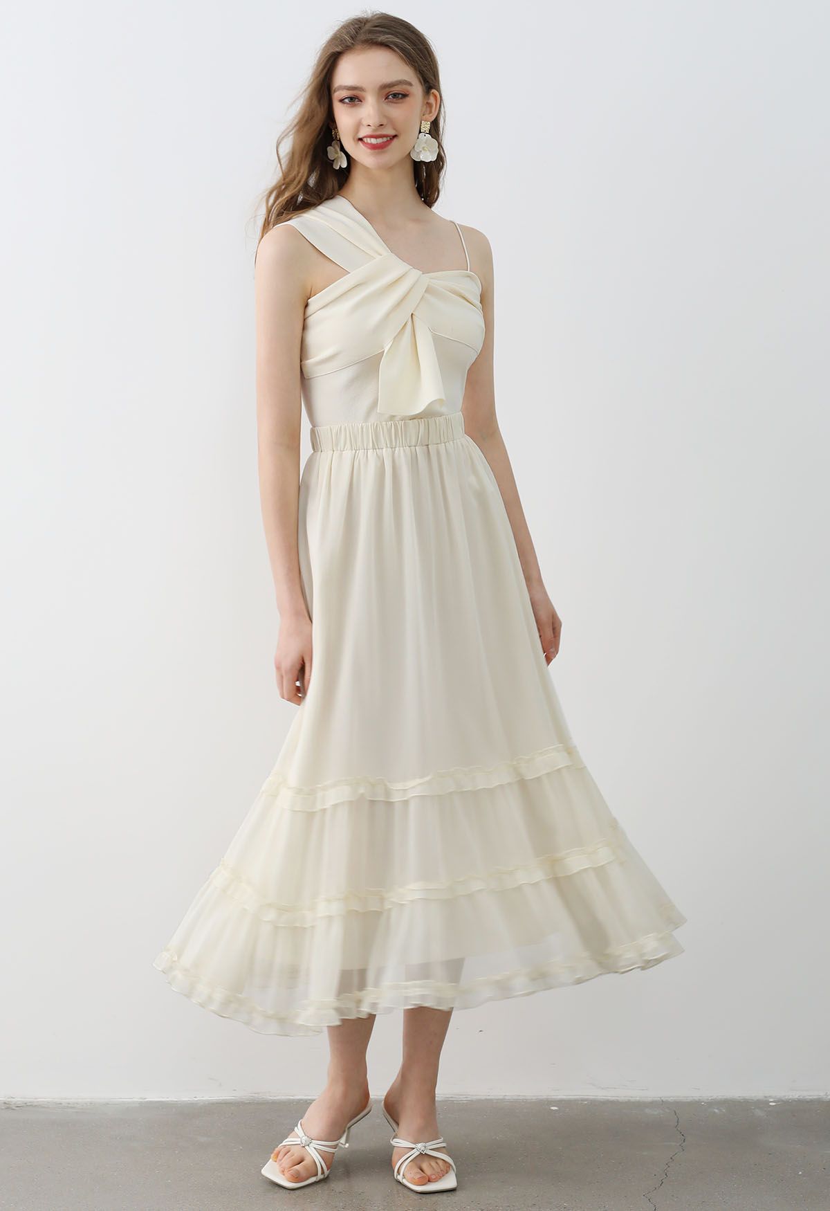 Swirling Ruffle Trim Maxi Skirt in Cream