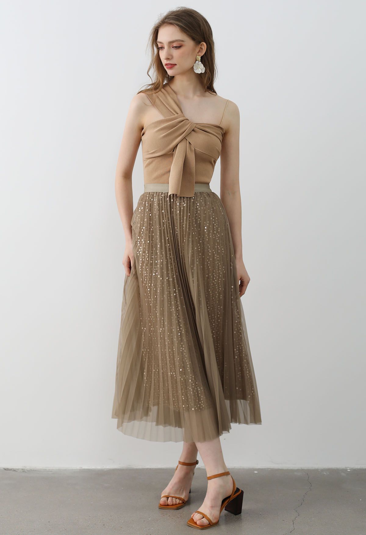 Glister Sequin Trim Mesh Tulle Maxi Skirt in Tan