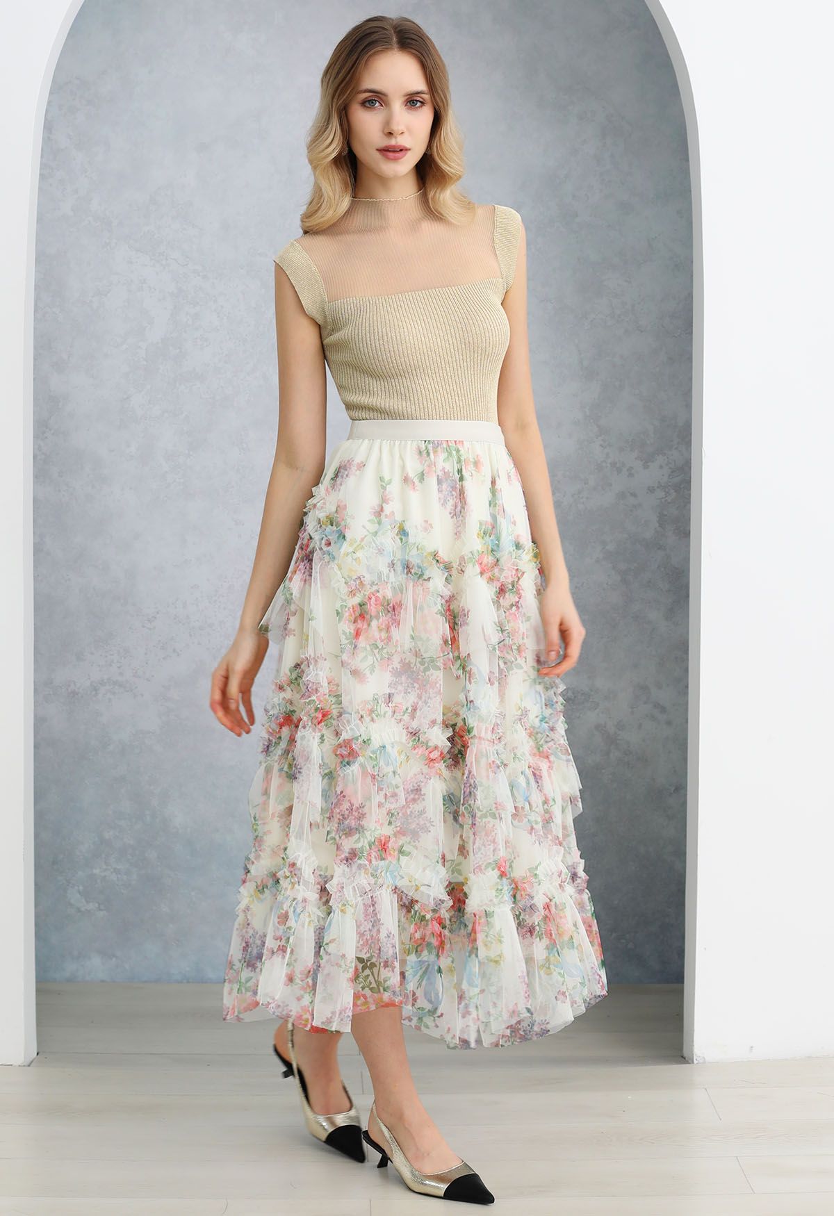 Fairy Dream Floral Ruffle Mesh Midi Skirt in White