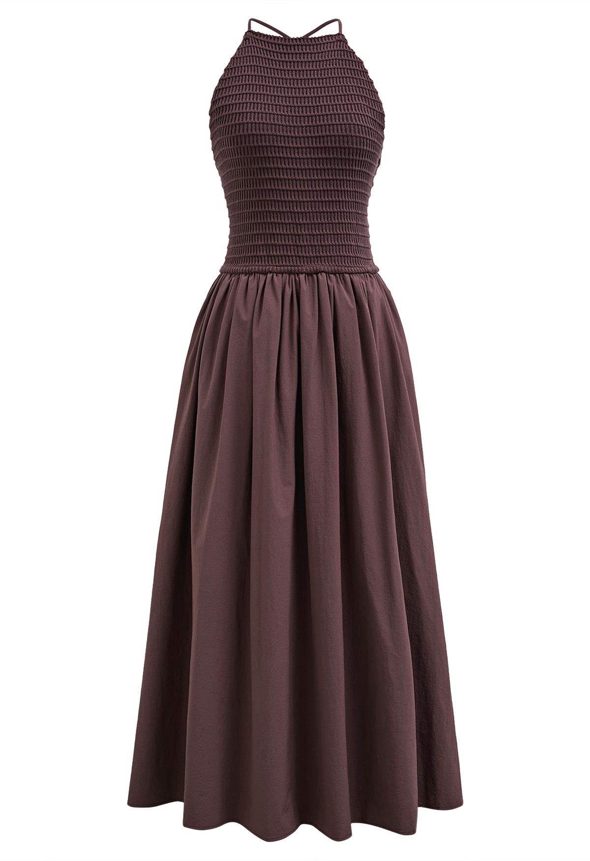 Lace-Up Back Knit Spliced Dress in Brown