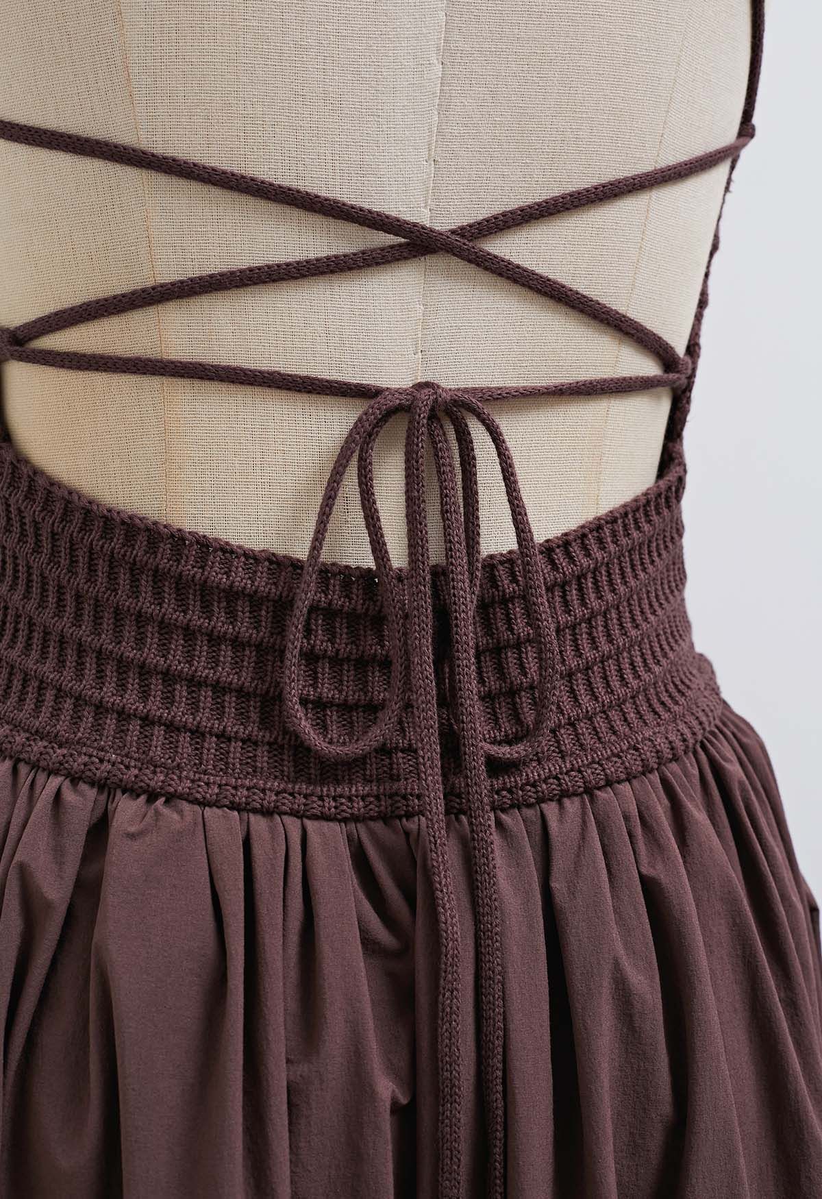 Lace-Up Back Knit Spliced Dress in Brown