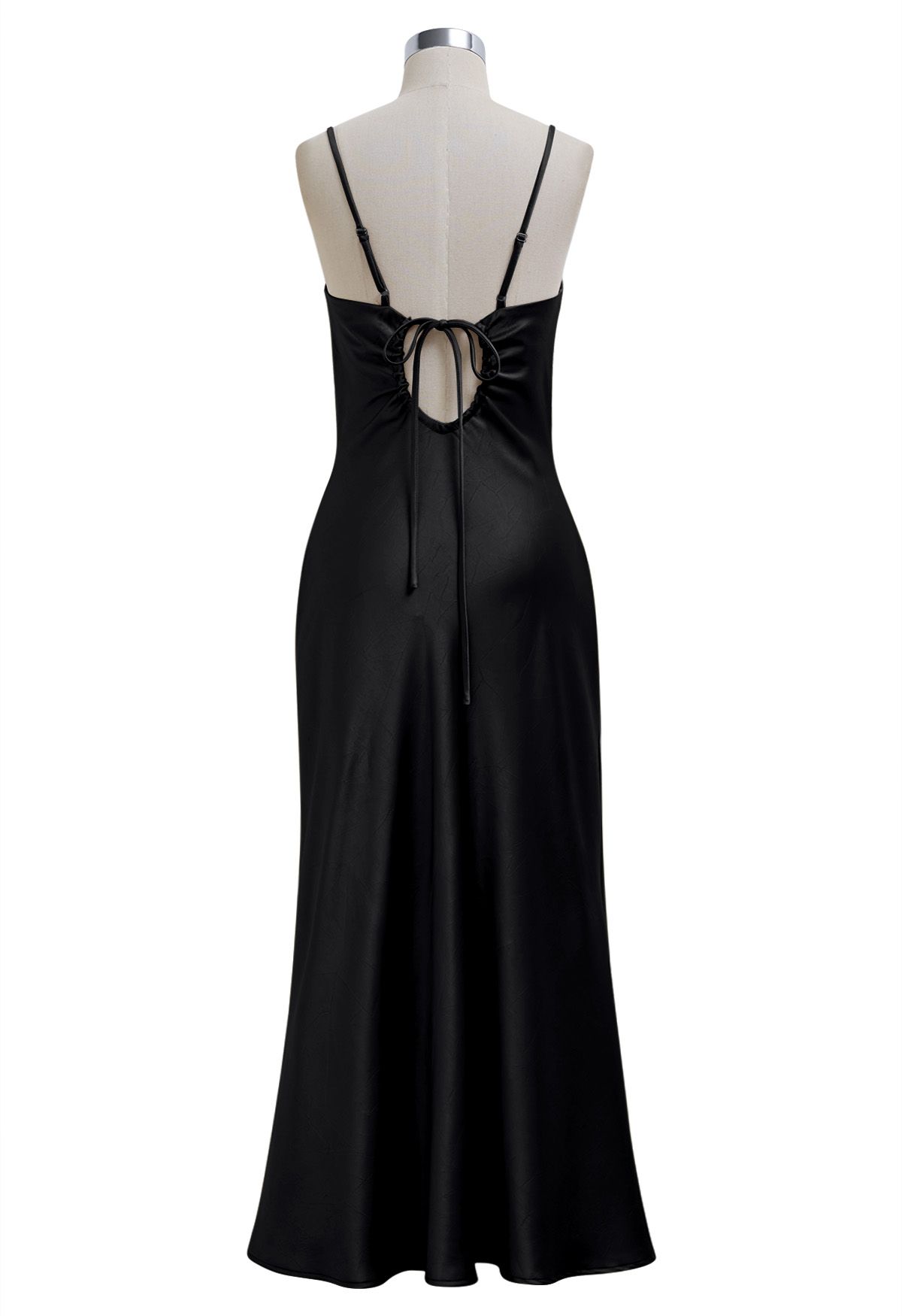 Drawstring Tie Open-Back Satin Cami Dress in Black