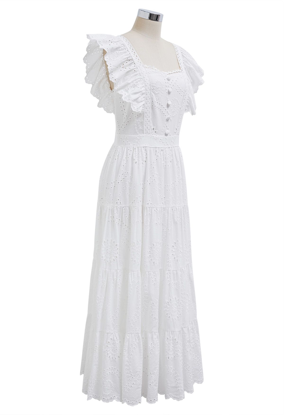 Sweetheart Neckline Eyelet Embroidery Maxi Dress in White