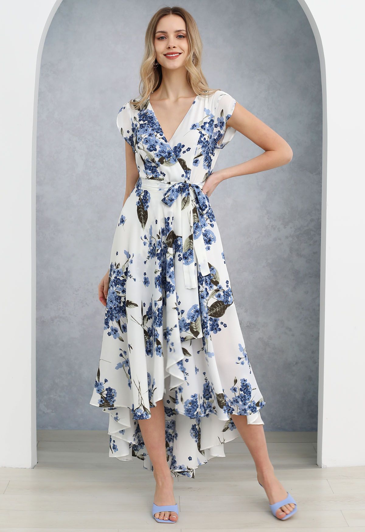 Floral Asymmetric Hem Chiffon Wrap Maxi Dress