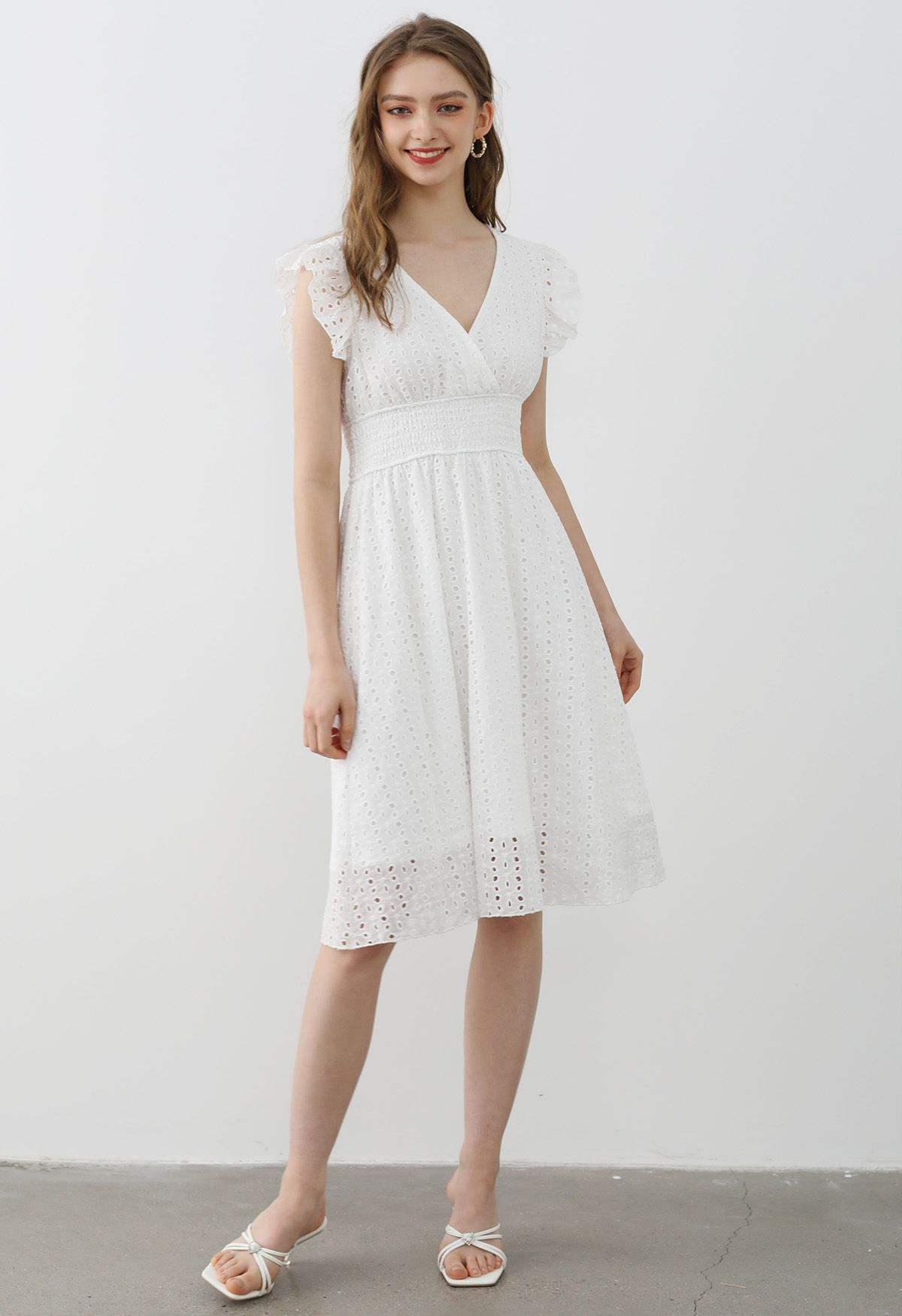 Eyelet Fantasy Faux-Wrap Midi Dress