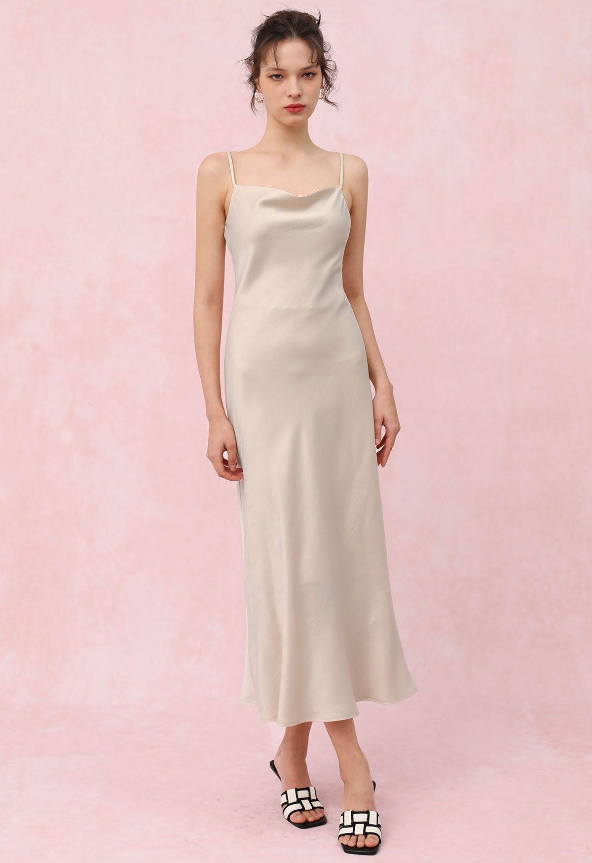 Drawstring Tie Open-Back Satin Cami Dress in Ivory