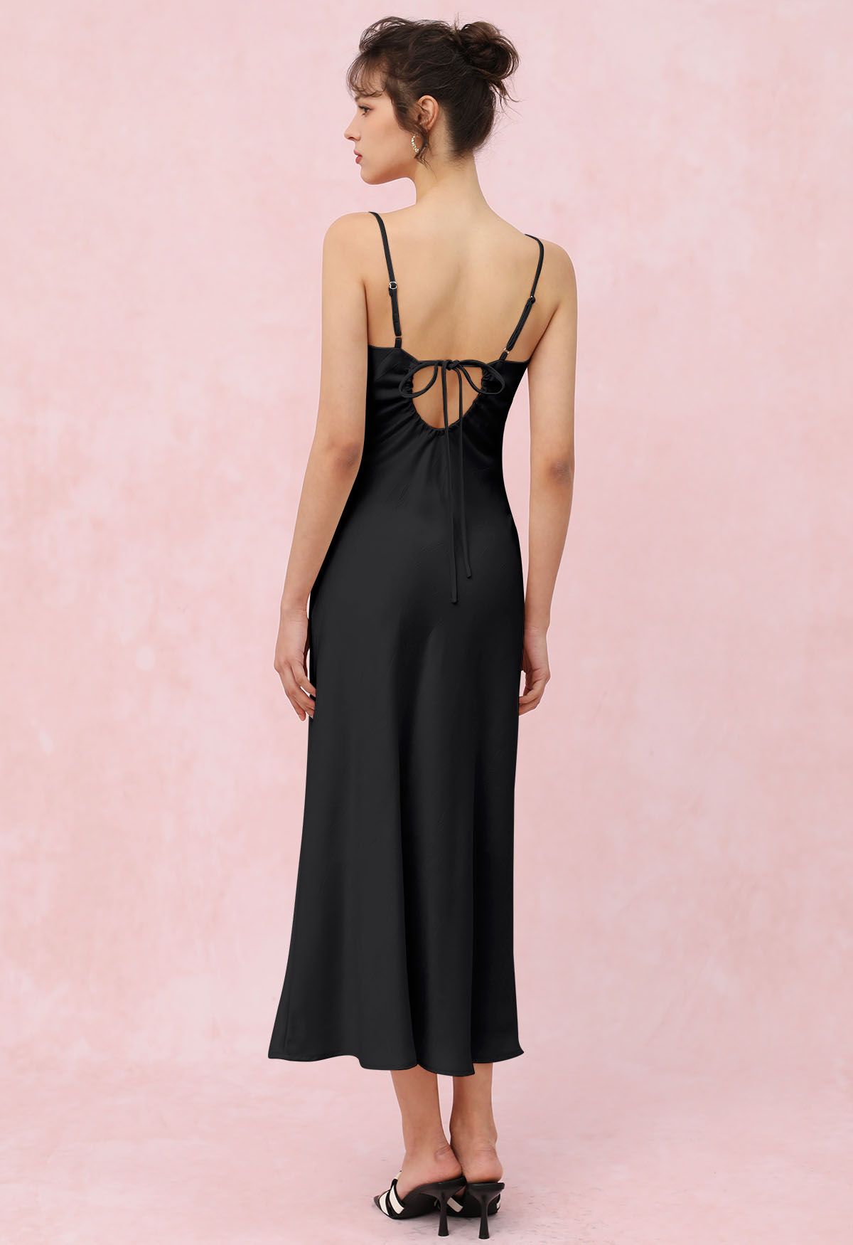 Drawstring Tie Open-Back Satin Cami Dress in Black