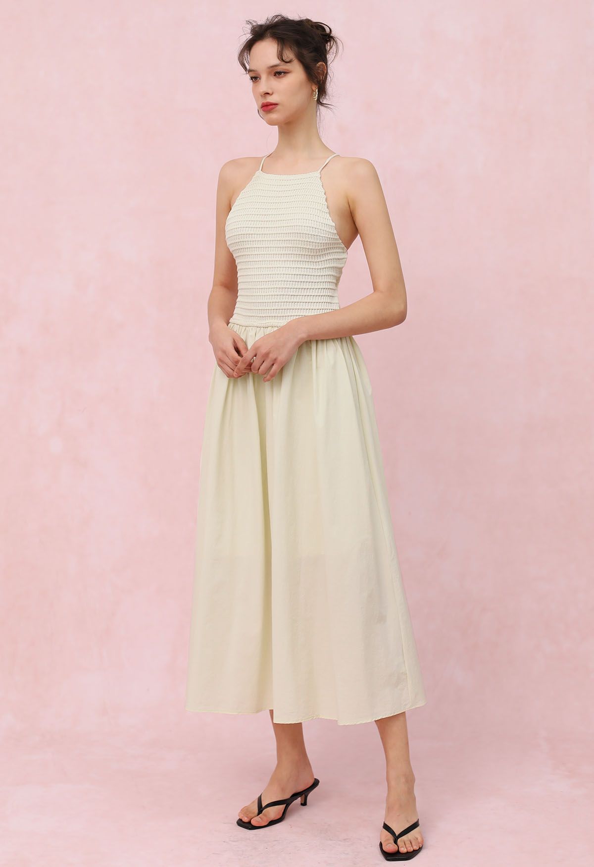 Lace-Up Back Knit Spliced Dress in Cream