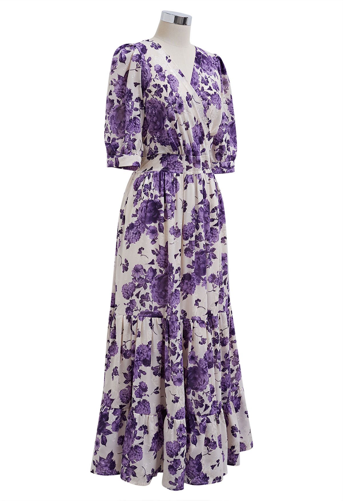 Purple Floral Jacquard Frilling Wrapped Dress