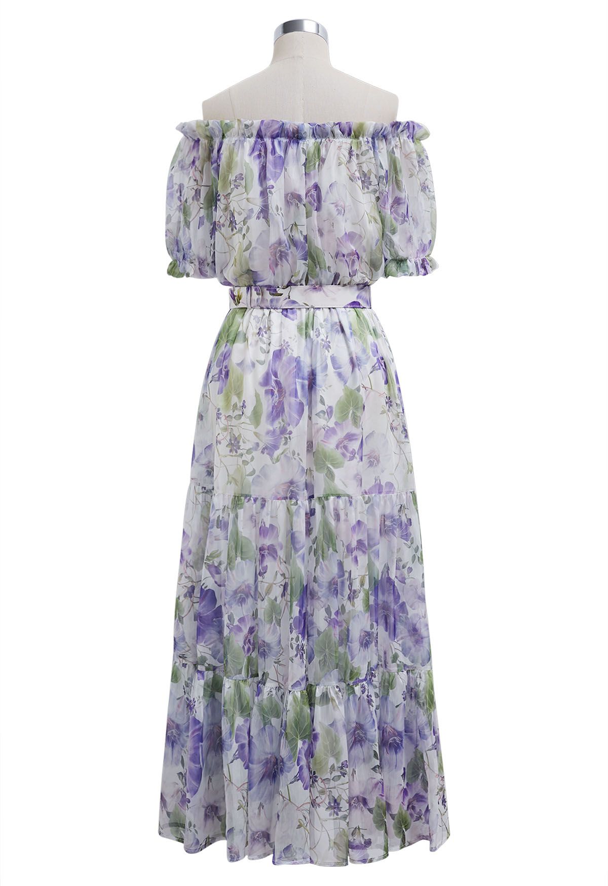 Purple Floral Printed Off-Shoulder Chiffon Dress