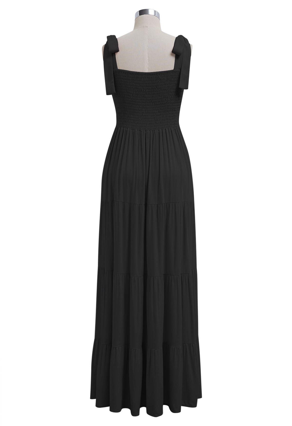 Fluttering Tie-Shoulder Shirred Maxi Dress in Black