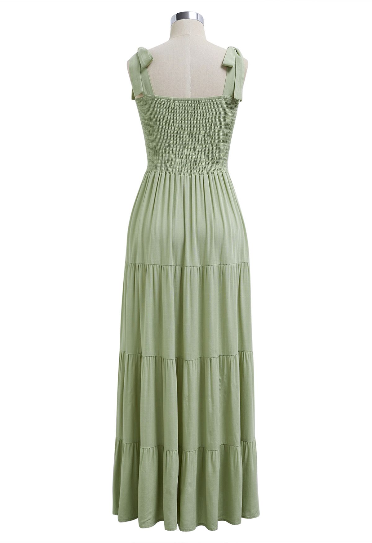 Fluttering Tie-Shoulder Shirred Maxi Dress in Pistachio