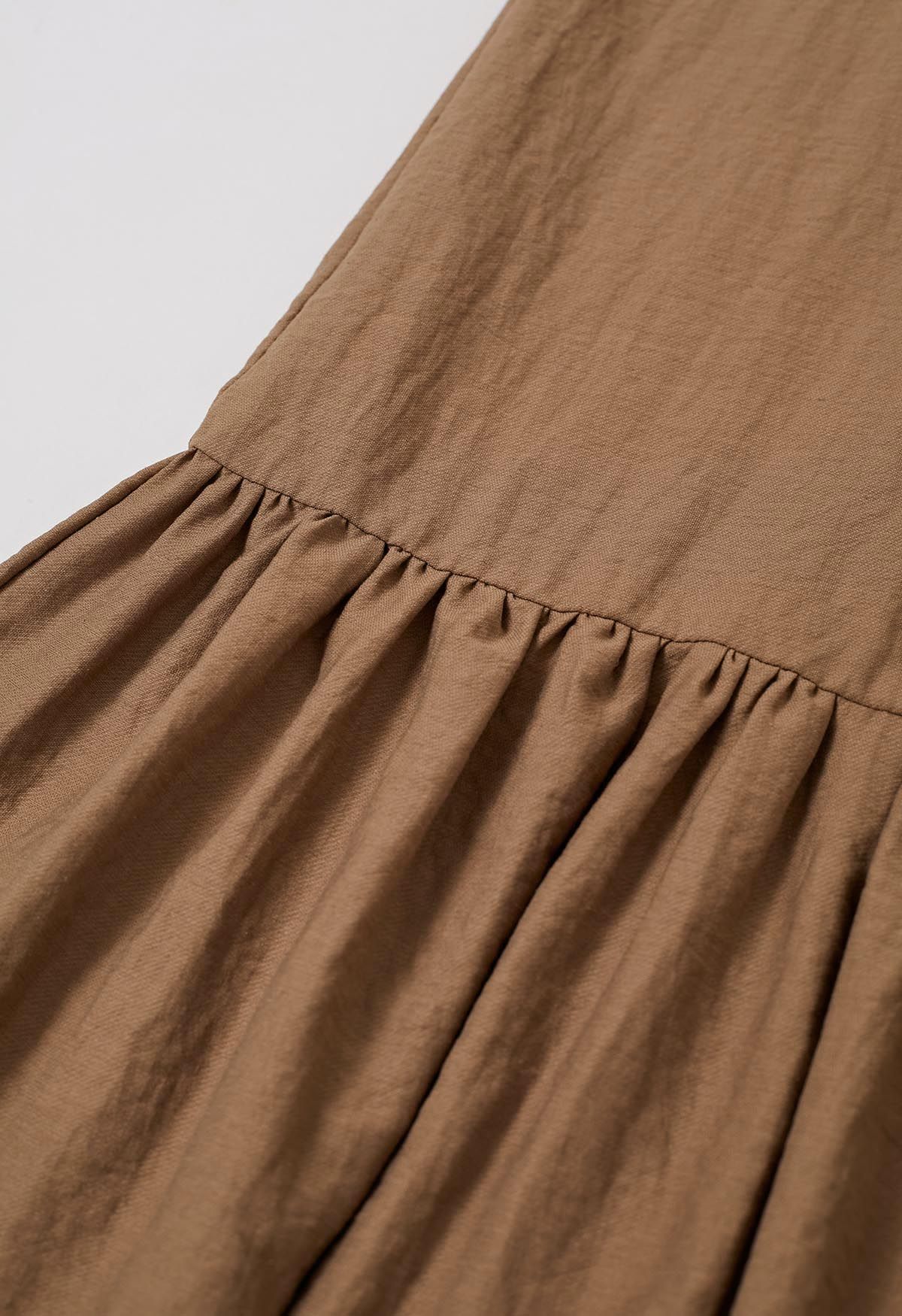 Self-Tie Halter Frill Hem Maxi Dress in Caramel