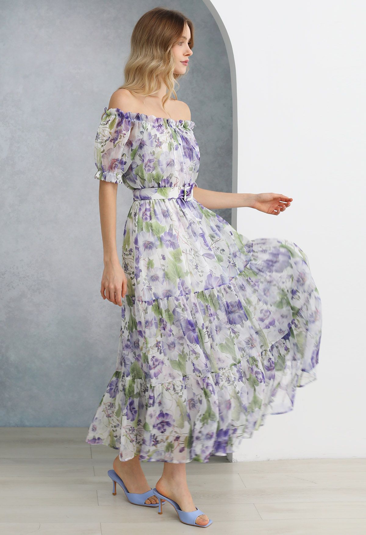 Purple Floral Printed Off-Shoulder Chiffon Dress