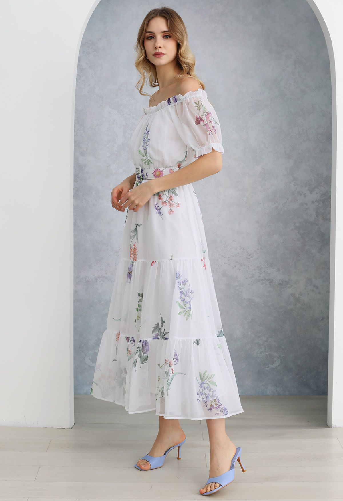 Botanical Printed Off-Shoulder Chiffon Dress