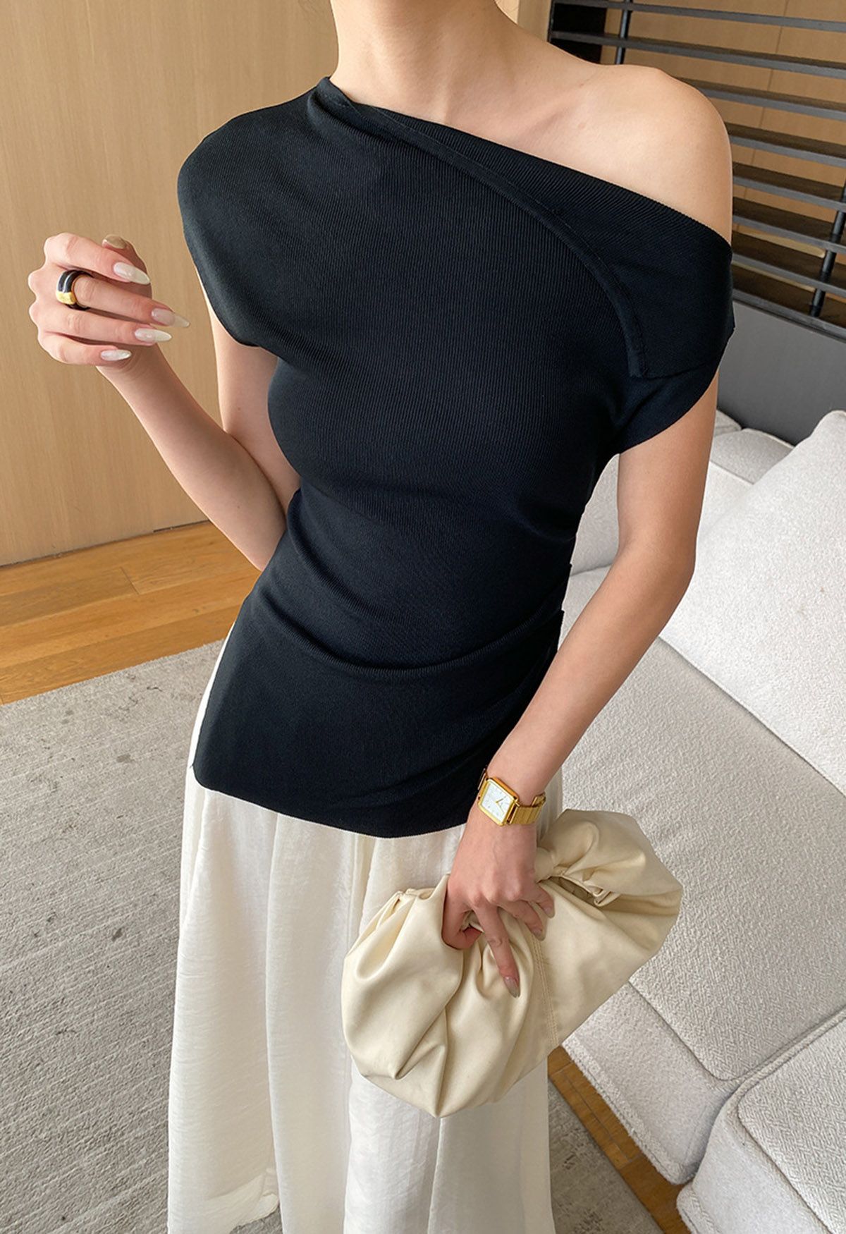 Asymmetric Folded Collar Knit Top in Black