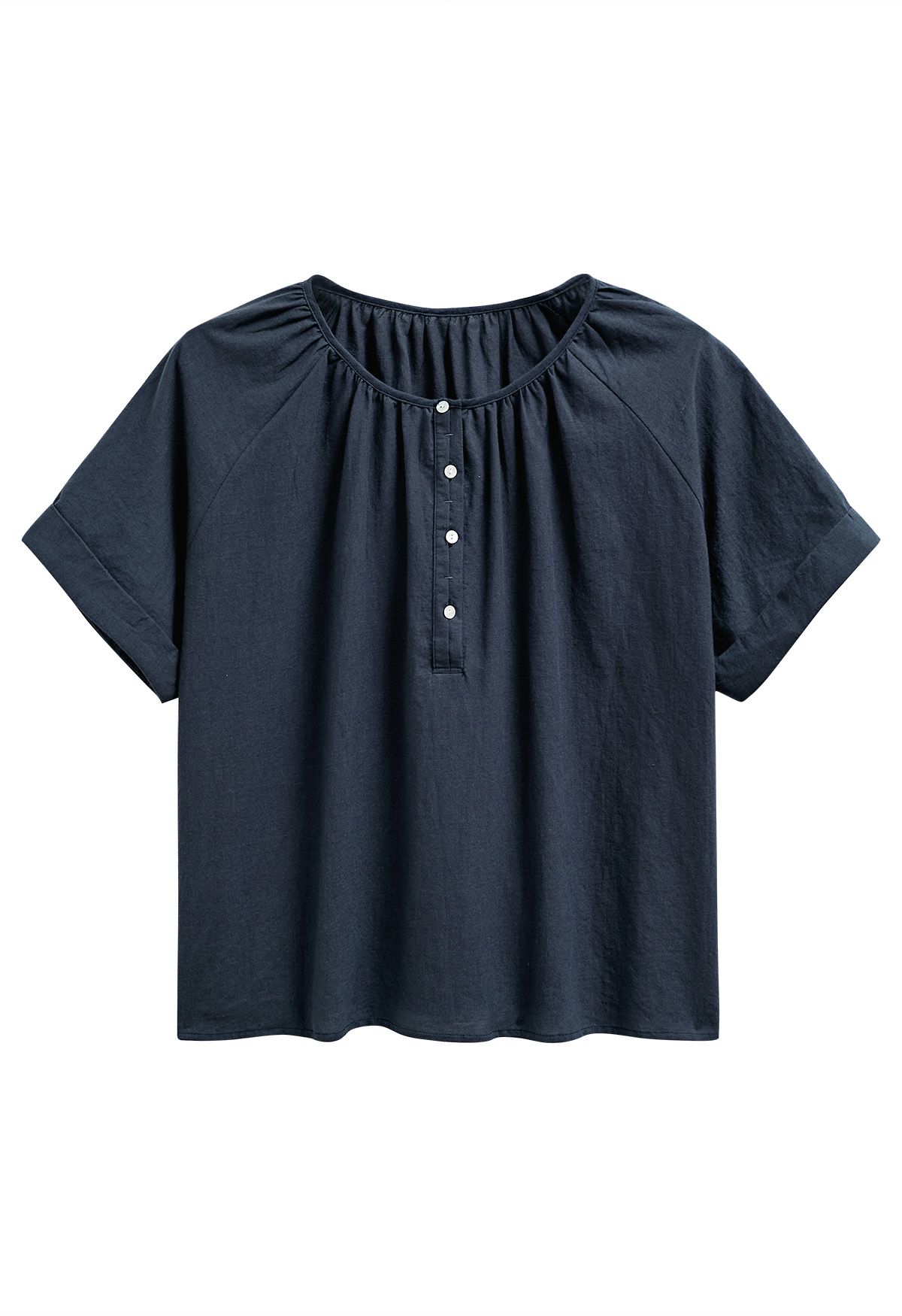 Buttoned Front Roll-Cuff Dolly Top in Navy