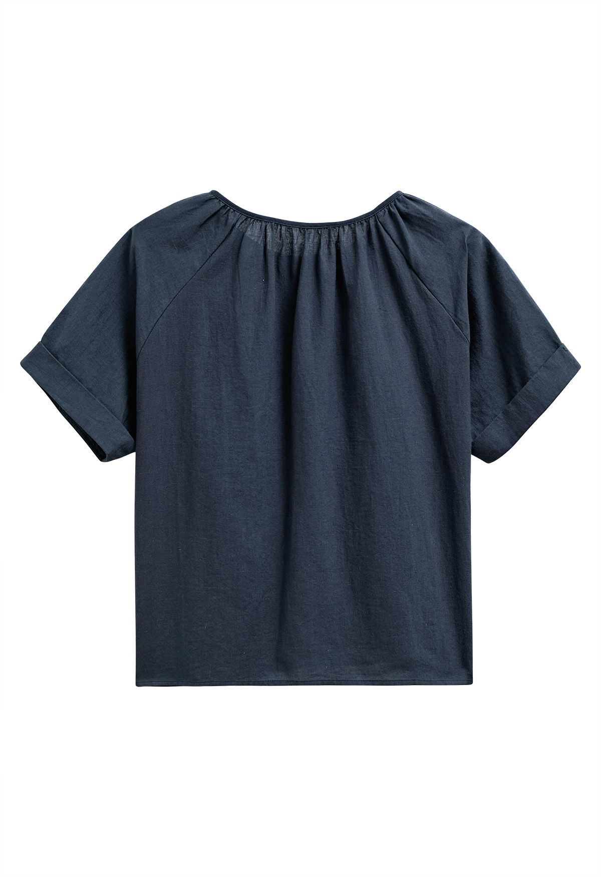 Buttoned Front Roll-Cuff Dolly Top in Navy