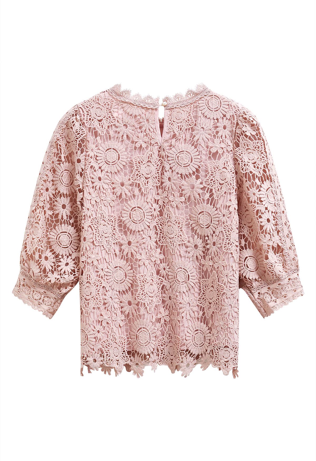 Full Floral Guipure Lace Elbow Sleeve Top in Pink