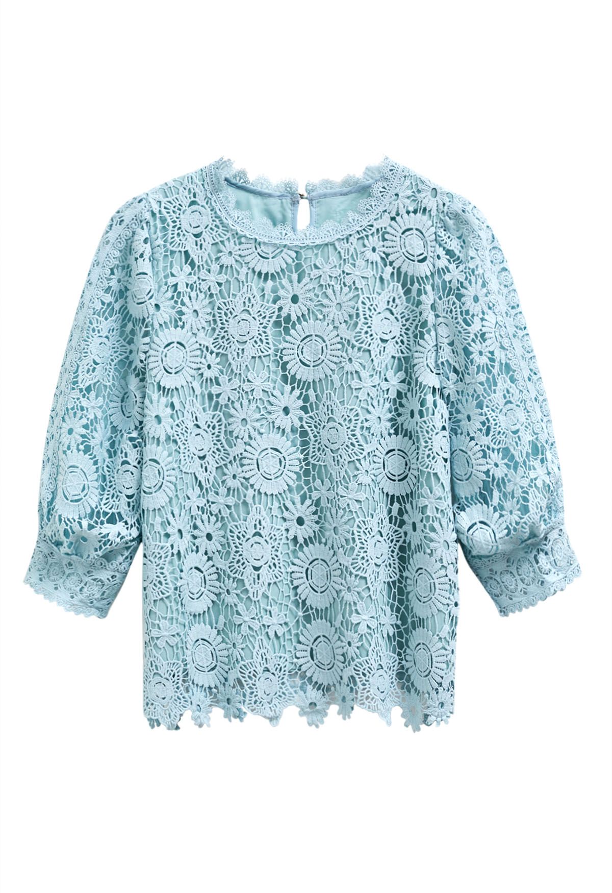 Full Floral Guipure Lace Elbow Sleeve Top in Blue