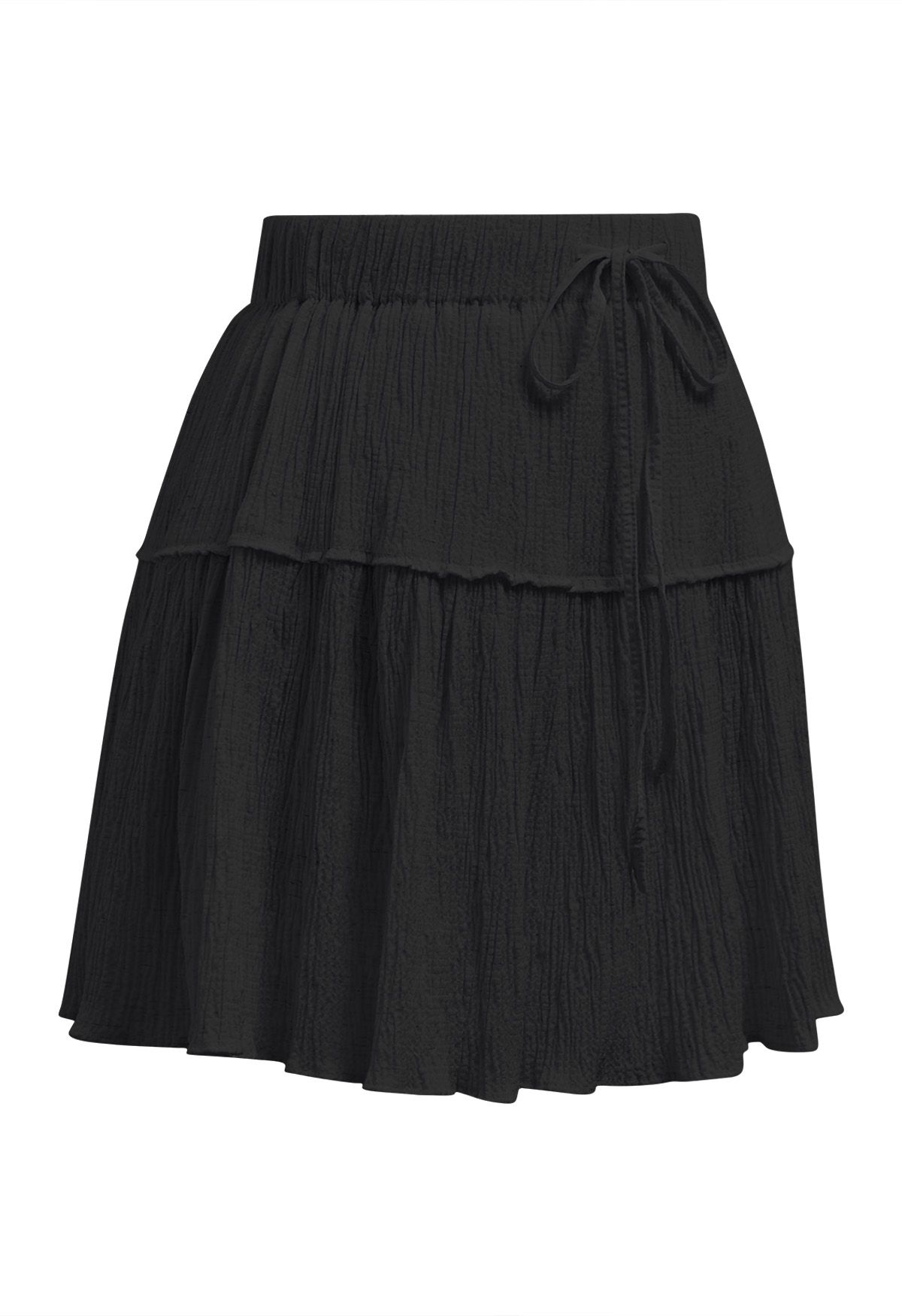 Embossed Texture Drawstring Waist Skater Skirt in Black