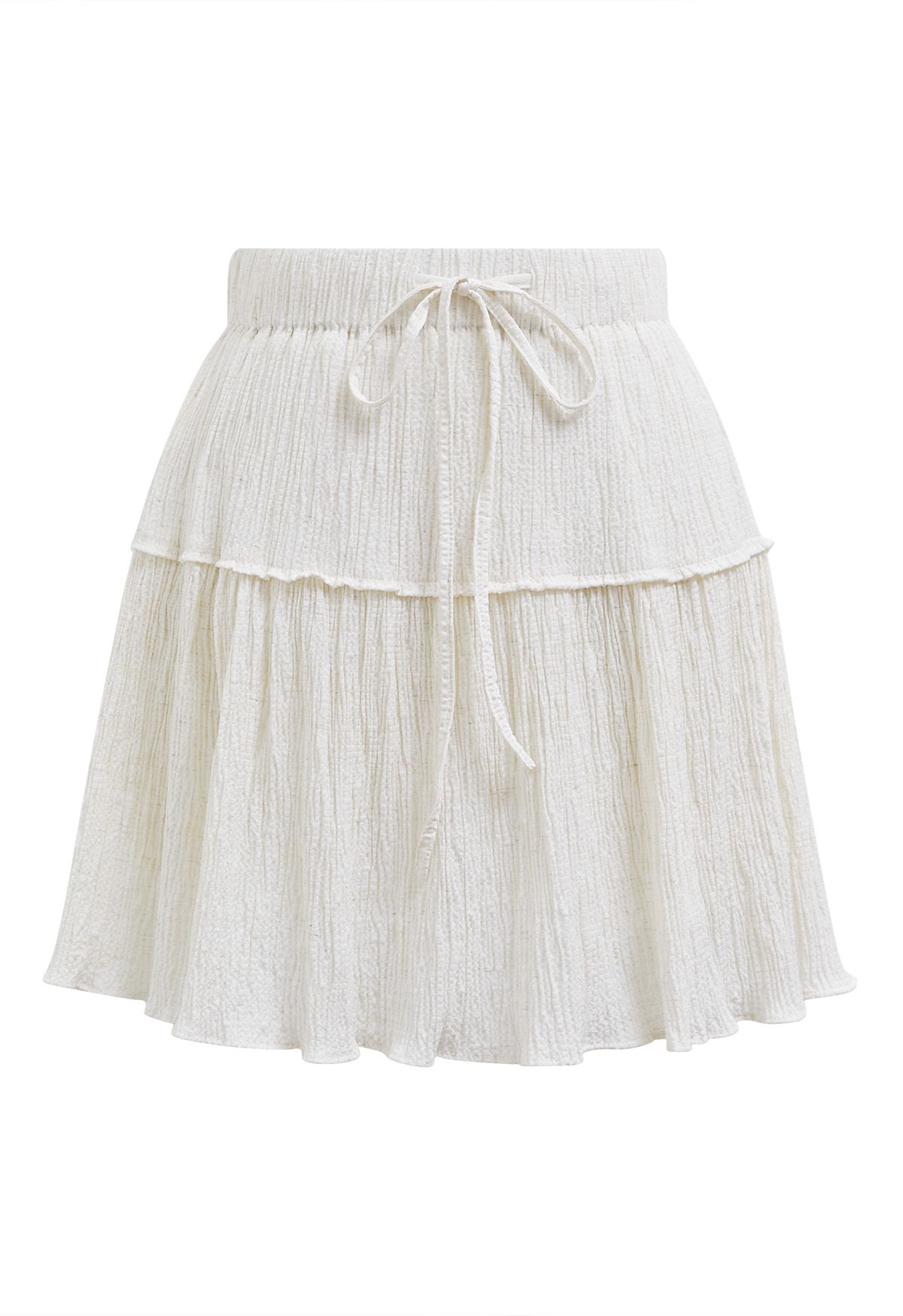 Embossed Texture Drawstring Waist Skater Skirt in Ivory