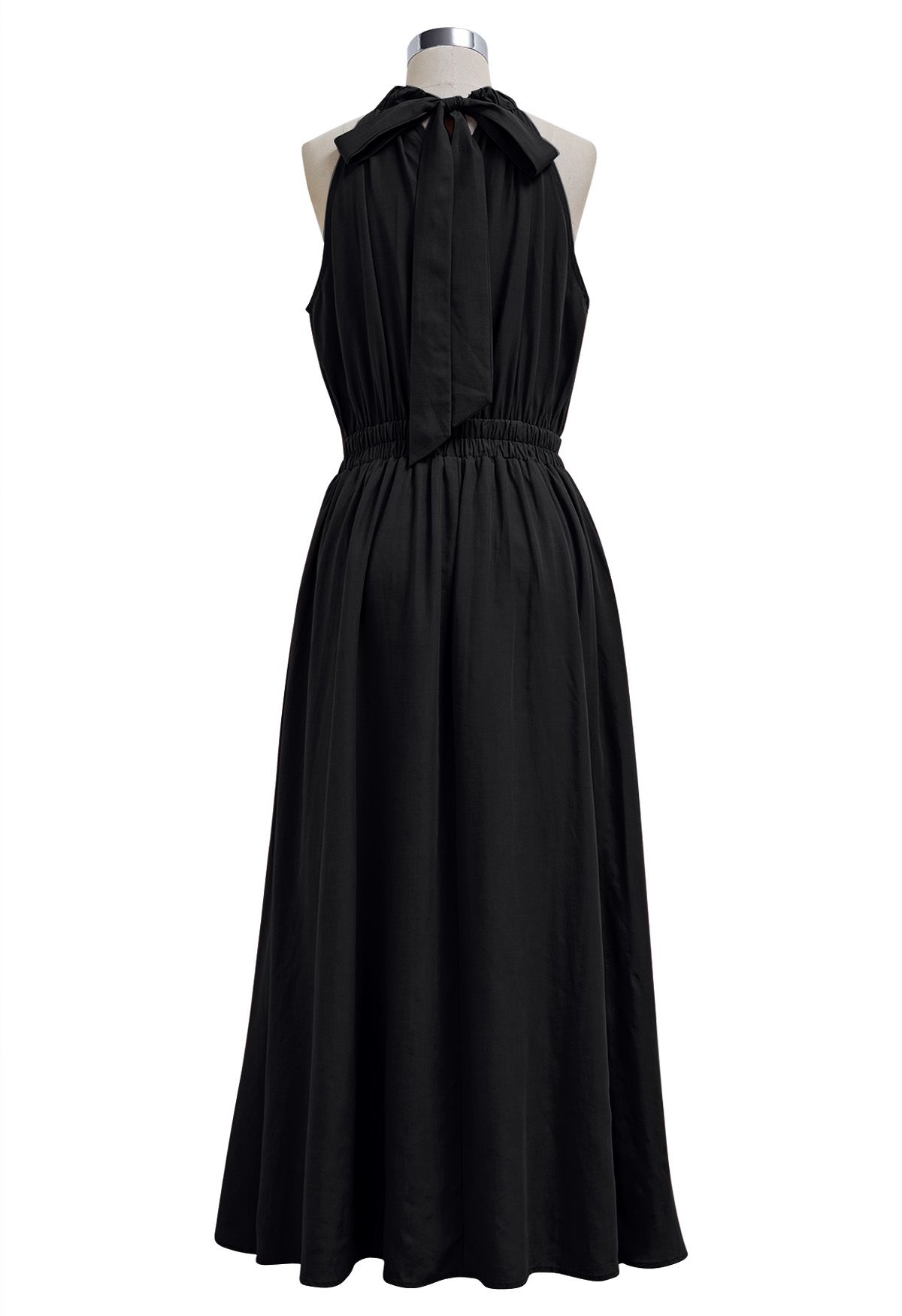 Self-Tie Back Bow Halter Maxi Dress in Black