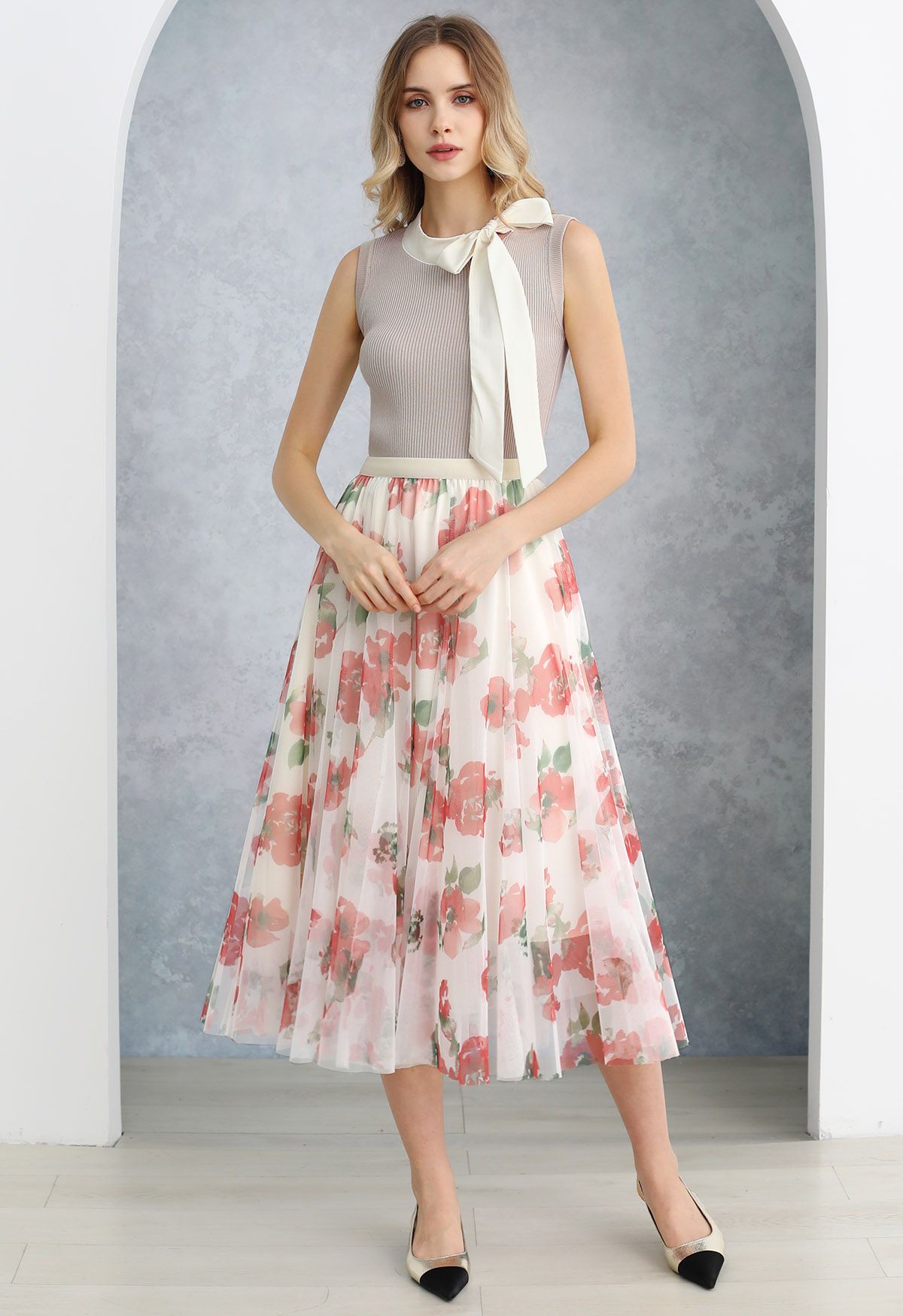 Watercolor Floral Mesh Tulle Midi Skirt in Red