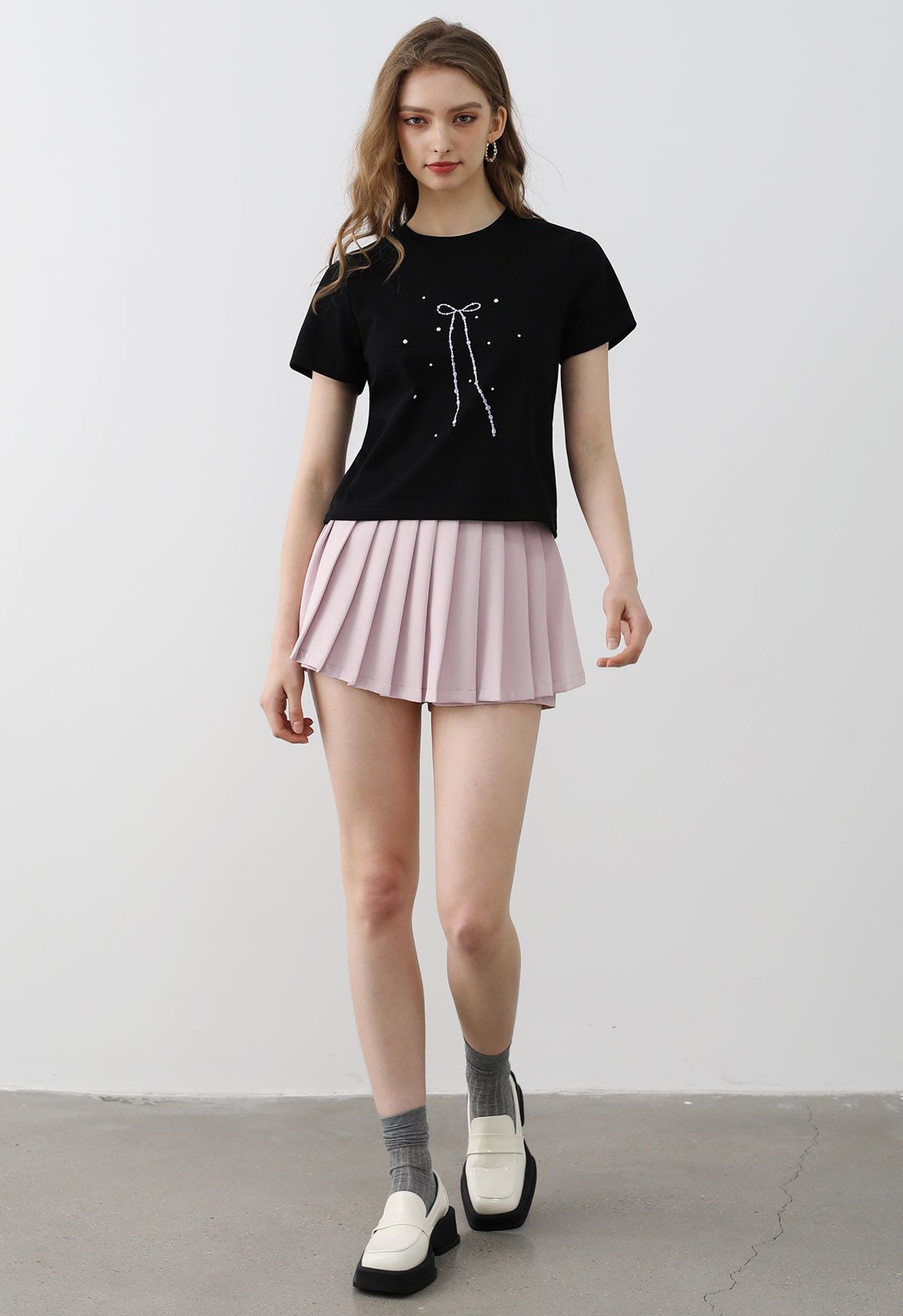 Bowknot Print Short Sleeve T-Shirt in Black