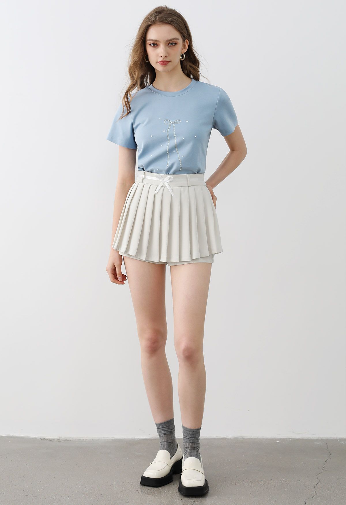 Bowknot Print Short Sleeve T-Shirt in Dusty Blue