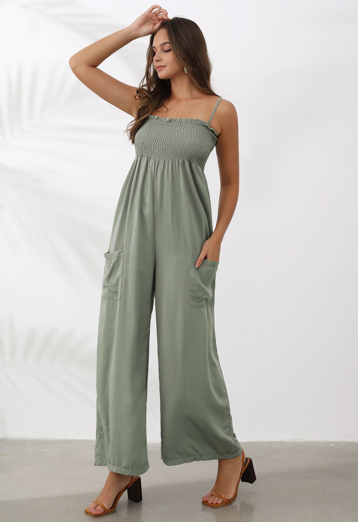 Snazzy Patch Pocket Wide-Leg Cami Jumpsuit in Pea Green