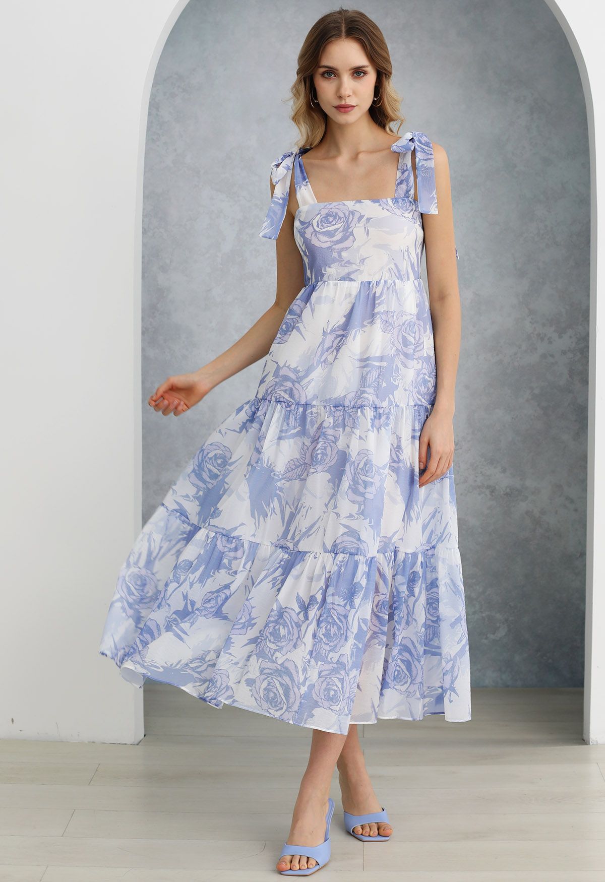 Tranquil Blue Rose Tie-Strap Maxi Dress