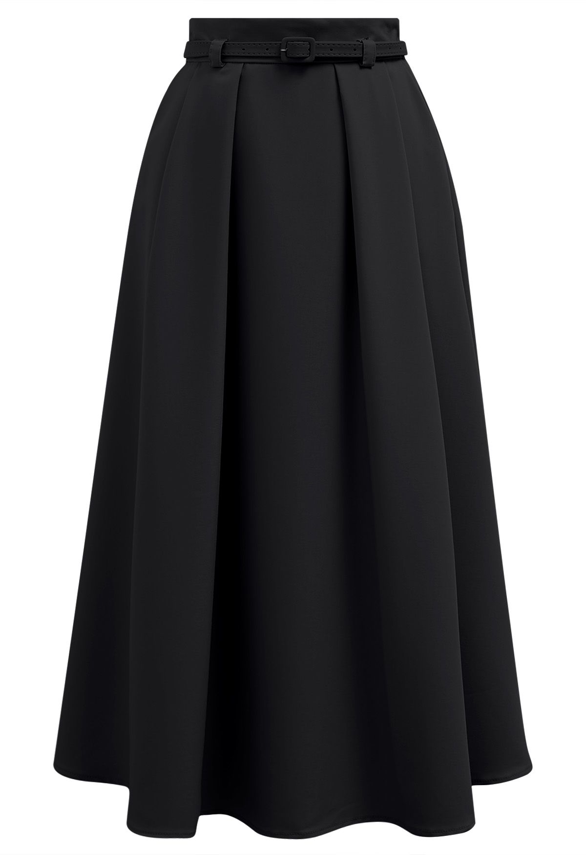 Side Pockets Pleated Belt Midi Skirt in Black