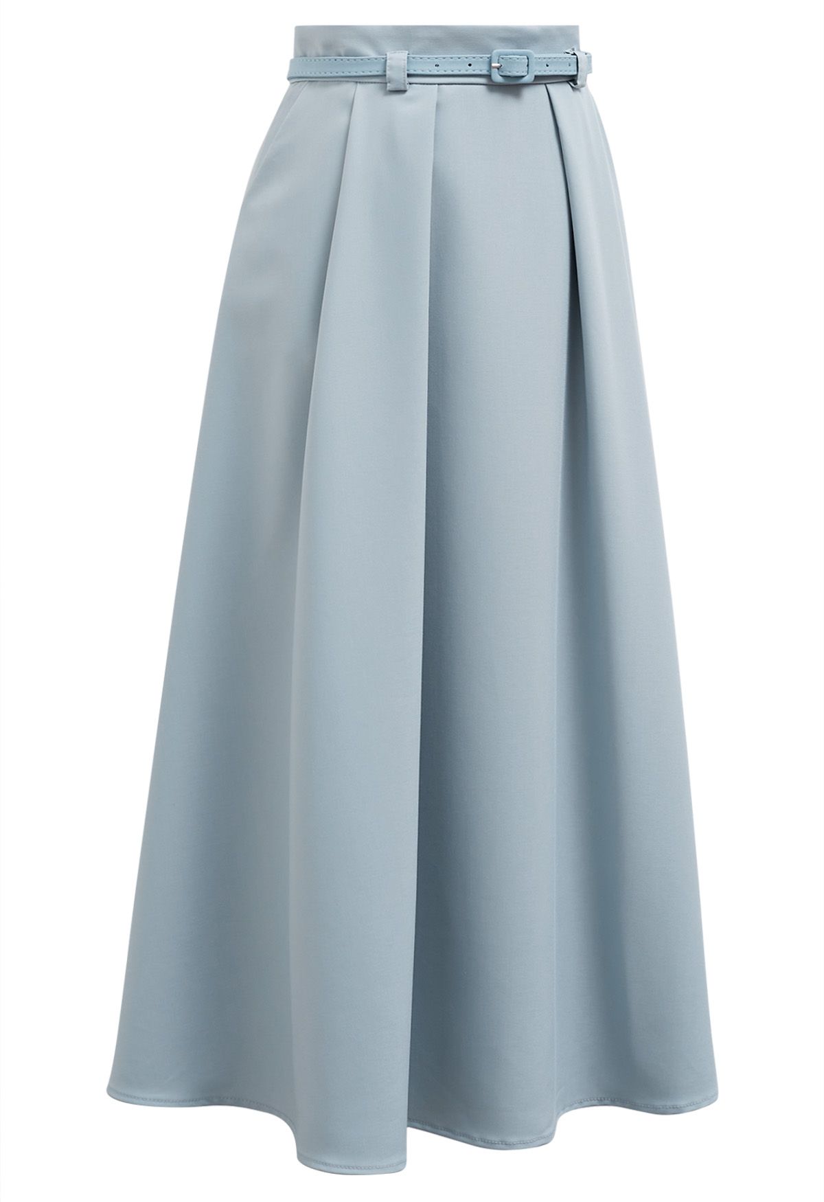 Side Pockets Pleated Belt Midi Skirt in Dusty Blue