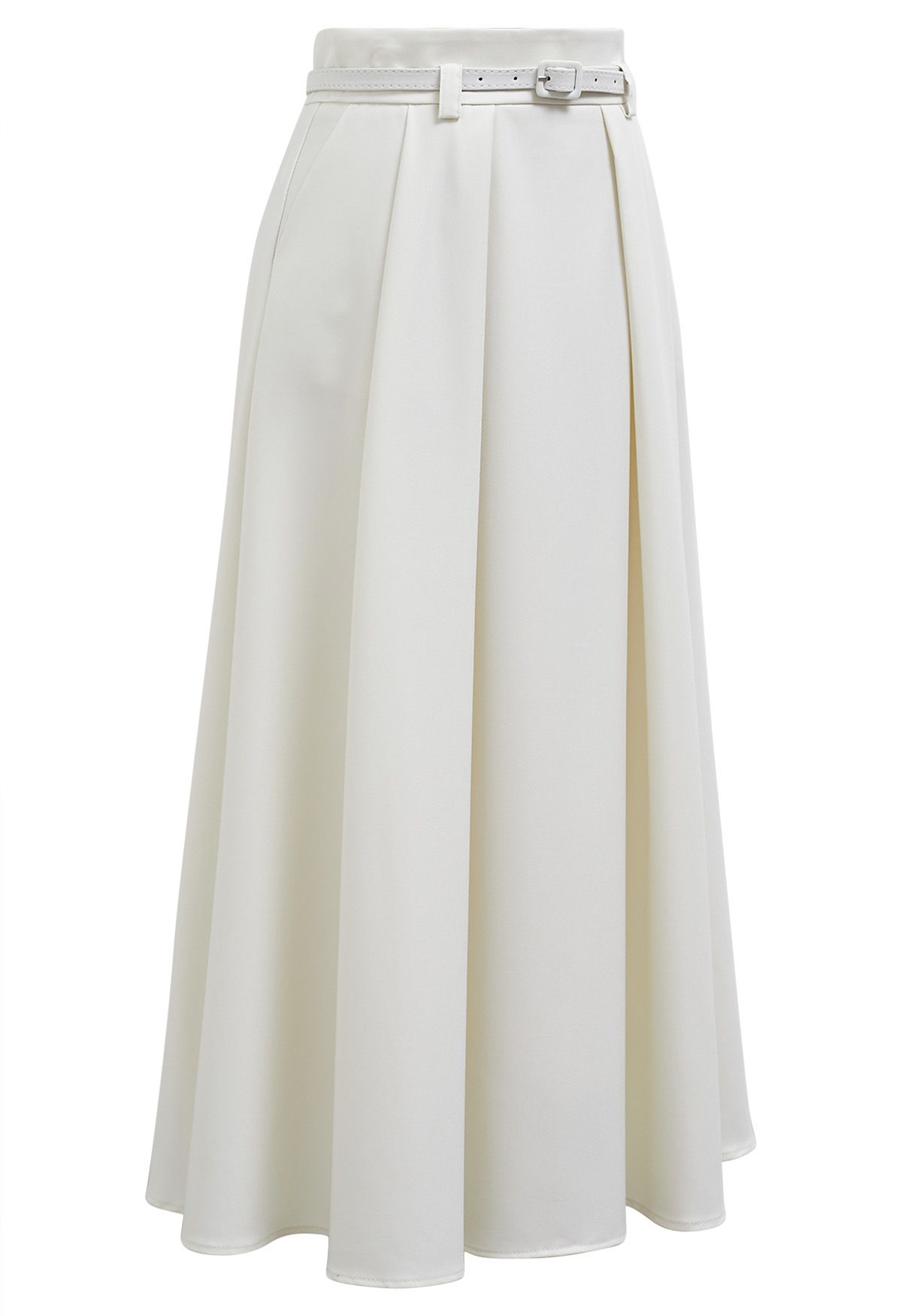 Side Pockets Pleated Belt Midi Skirt in Ivory