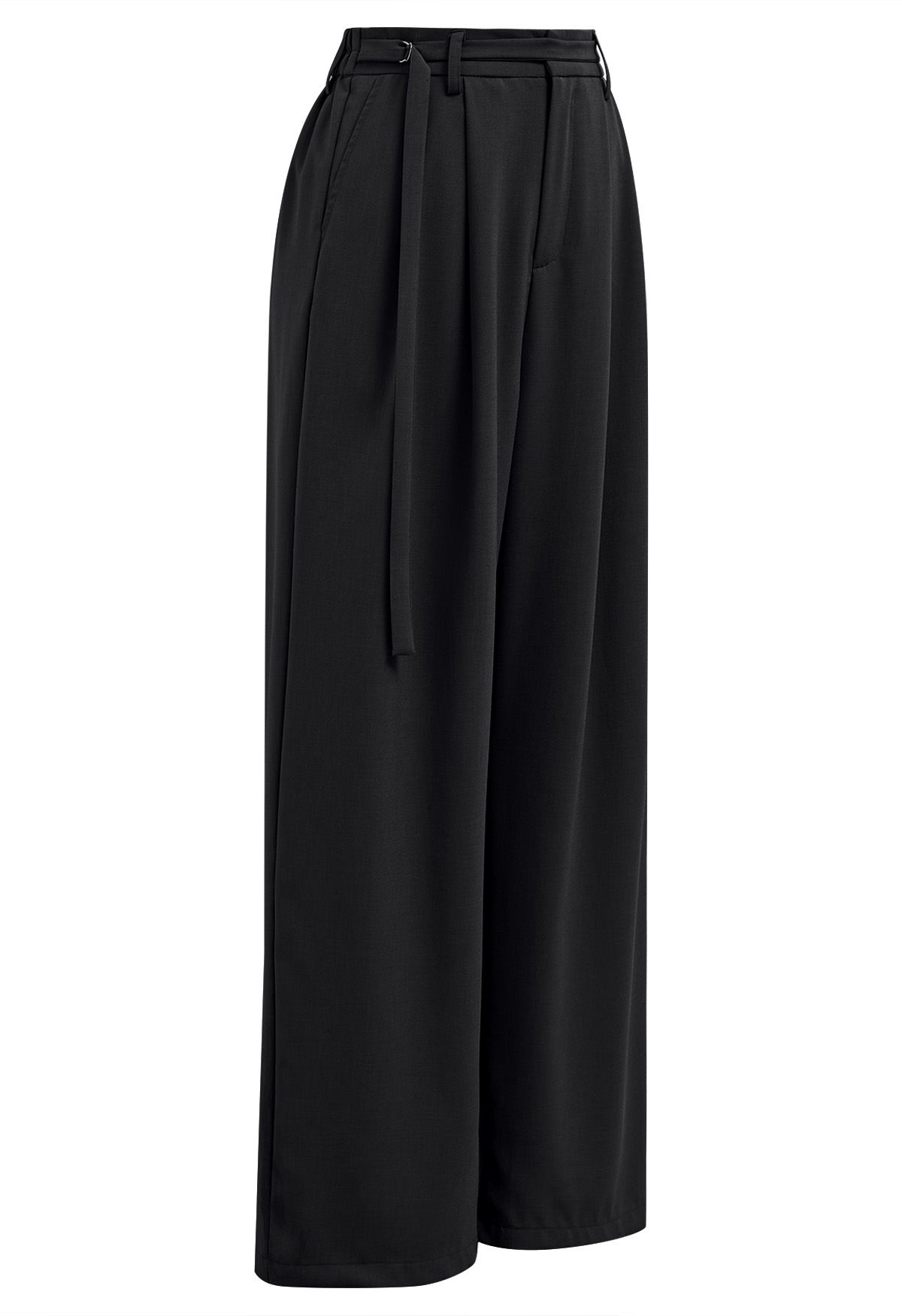 Belted Waist Pleated Palazzo Pants in Black