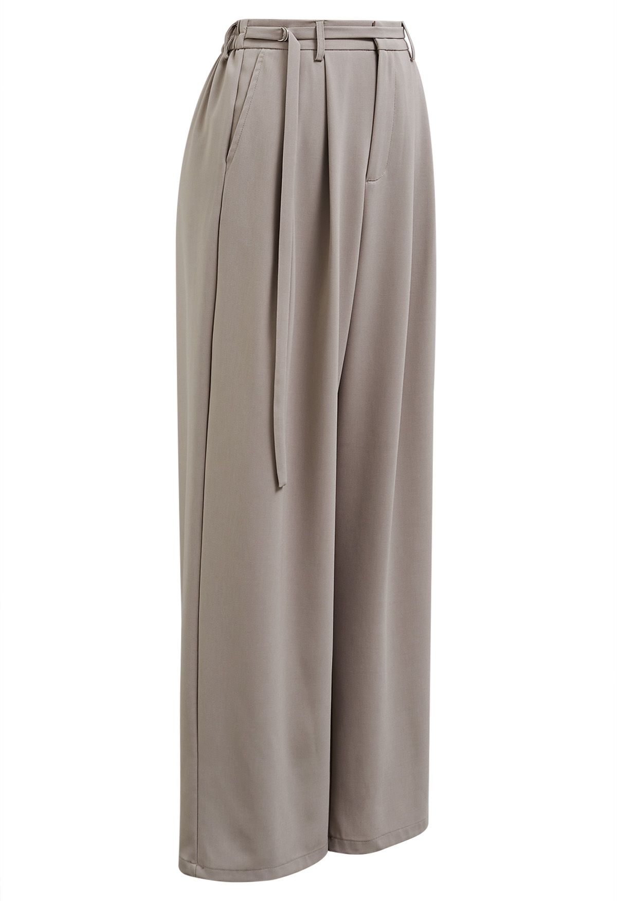 Belted Waist Pleated Palazzo Pants in Khaki