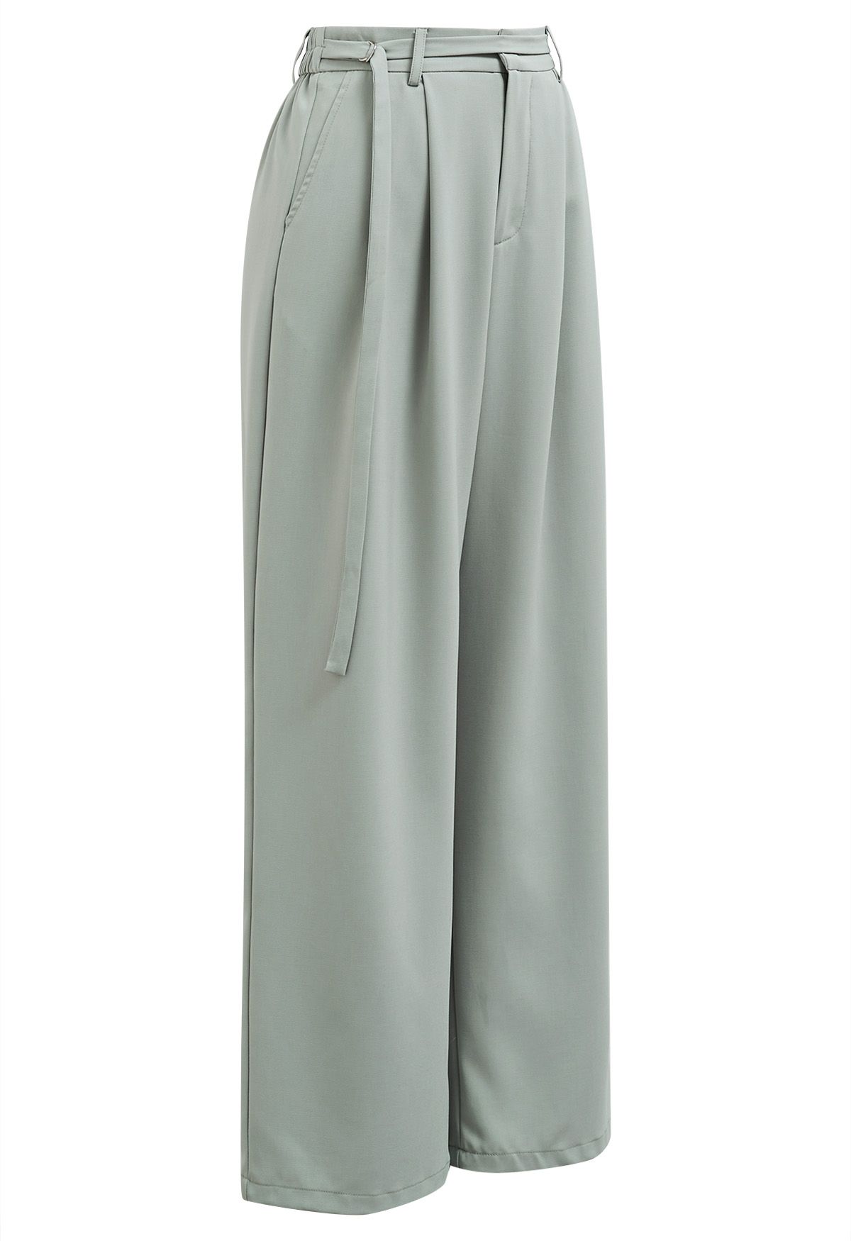 Belted Waist Pleated Palazzo Pants in Pea Green