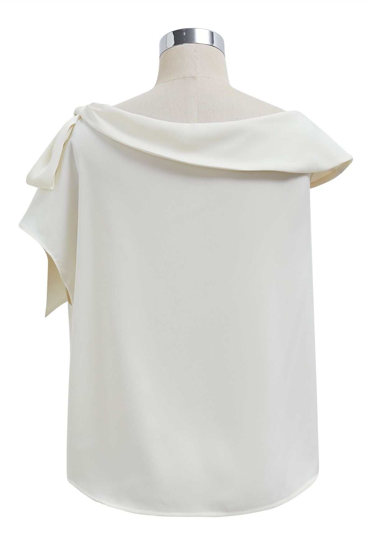 Side Bowknot Asymmetrical Neckline Satin Top in Ivory