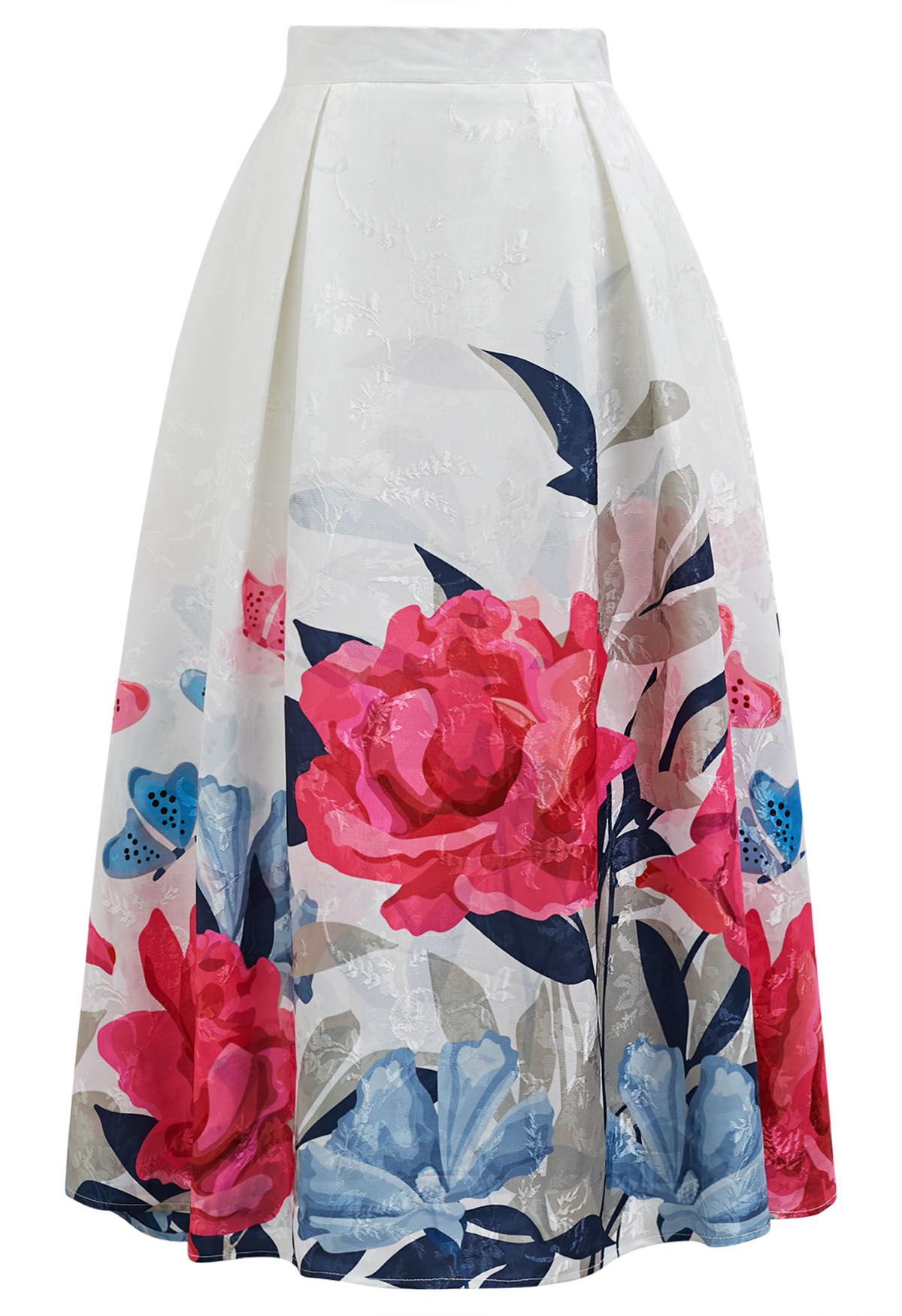 Garden Blossom Jacquard Pleated Flare Midi Skirt